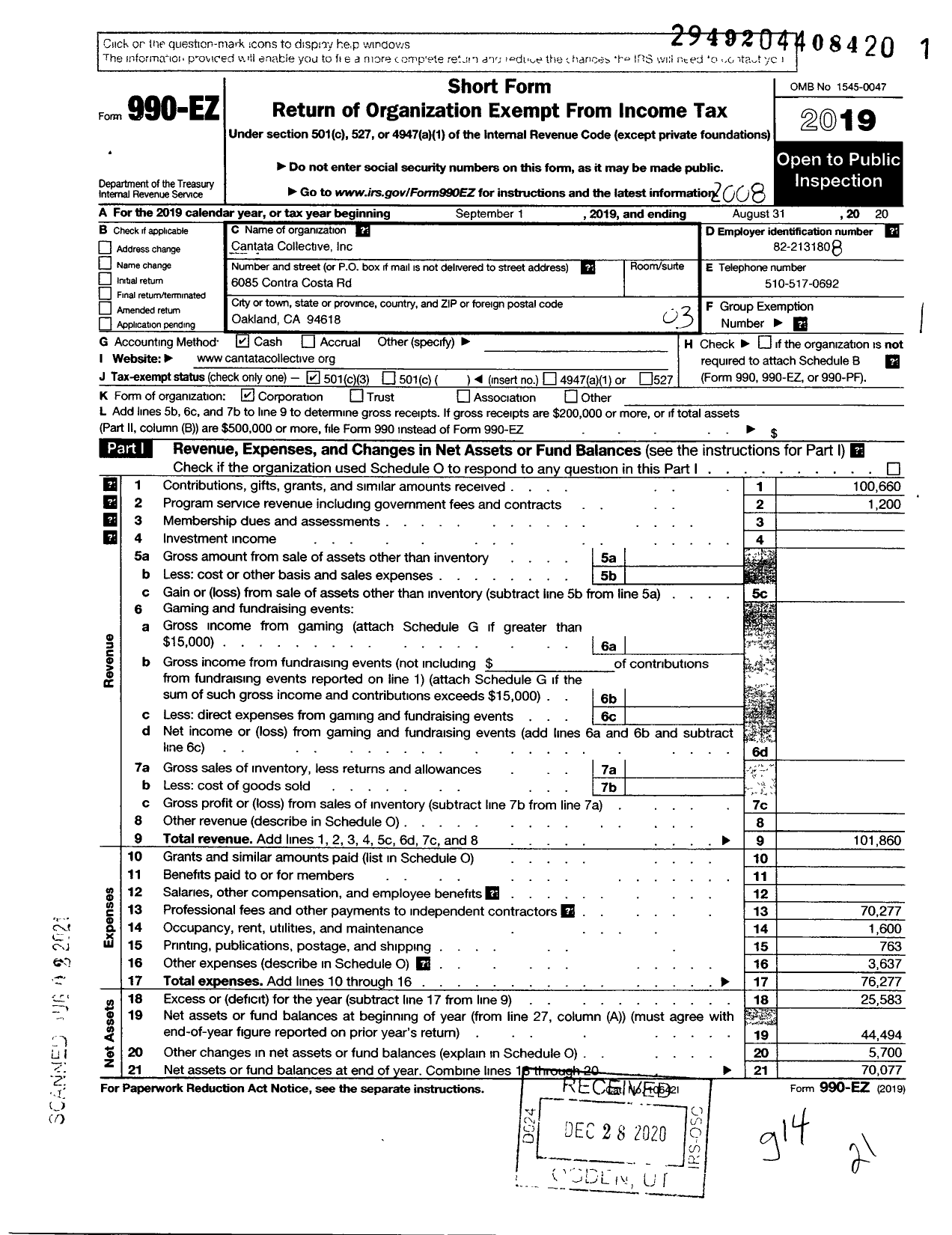 Image of first page of 2019 Form 990EZ for Cantata Collective