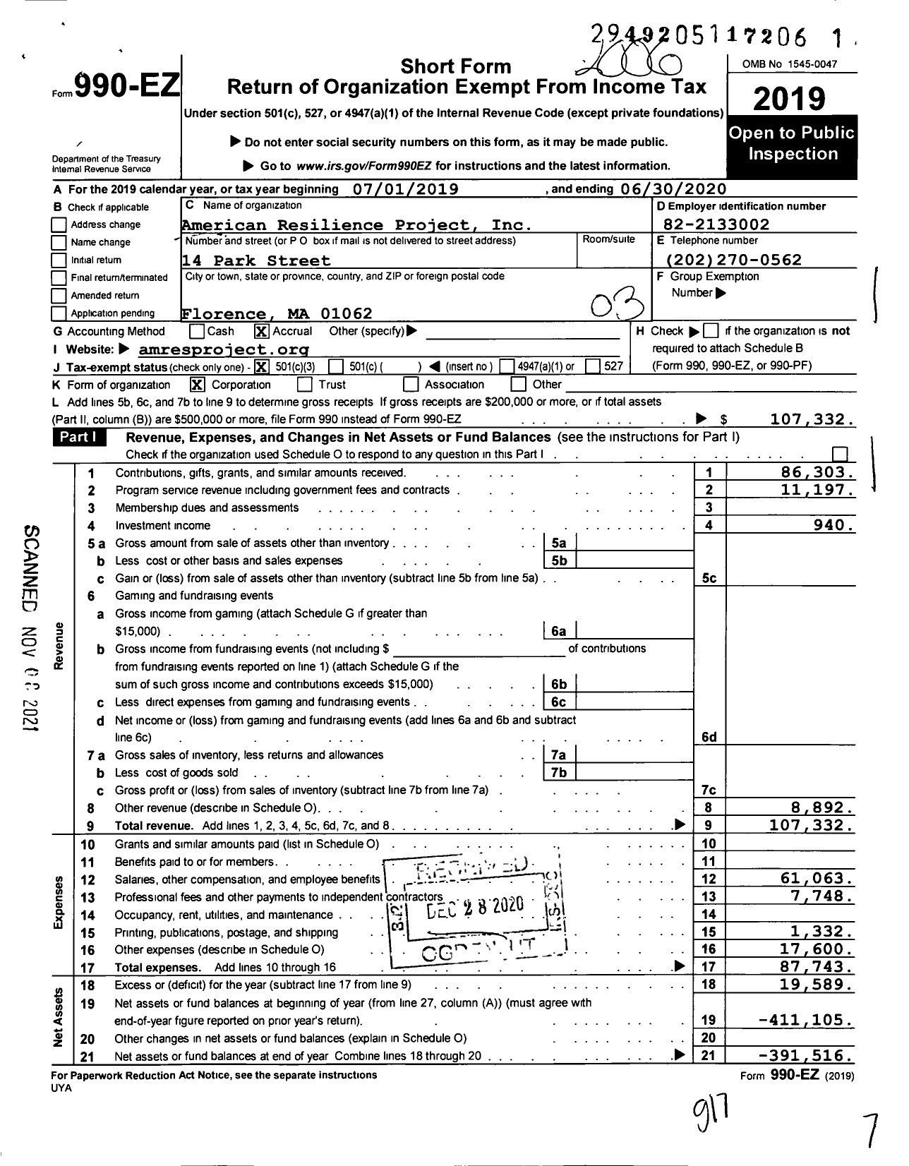 Image of first page of 2019 Form 990EZ for American Resilience Project