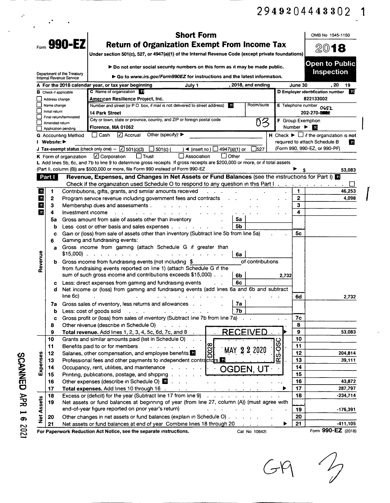 Image of first page of 2018 Form 990EZ for American Resilience Project