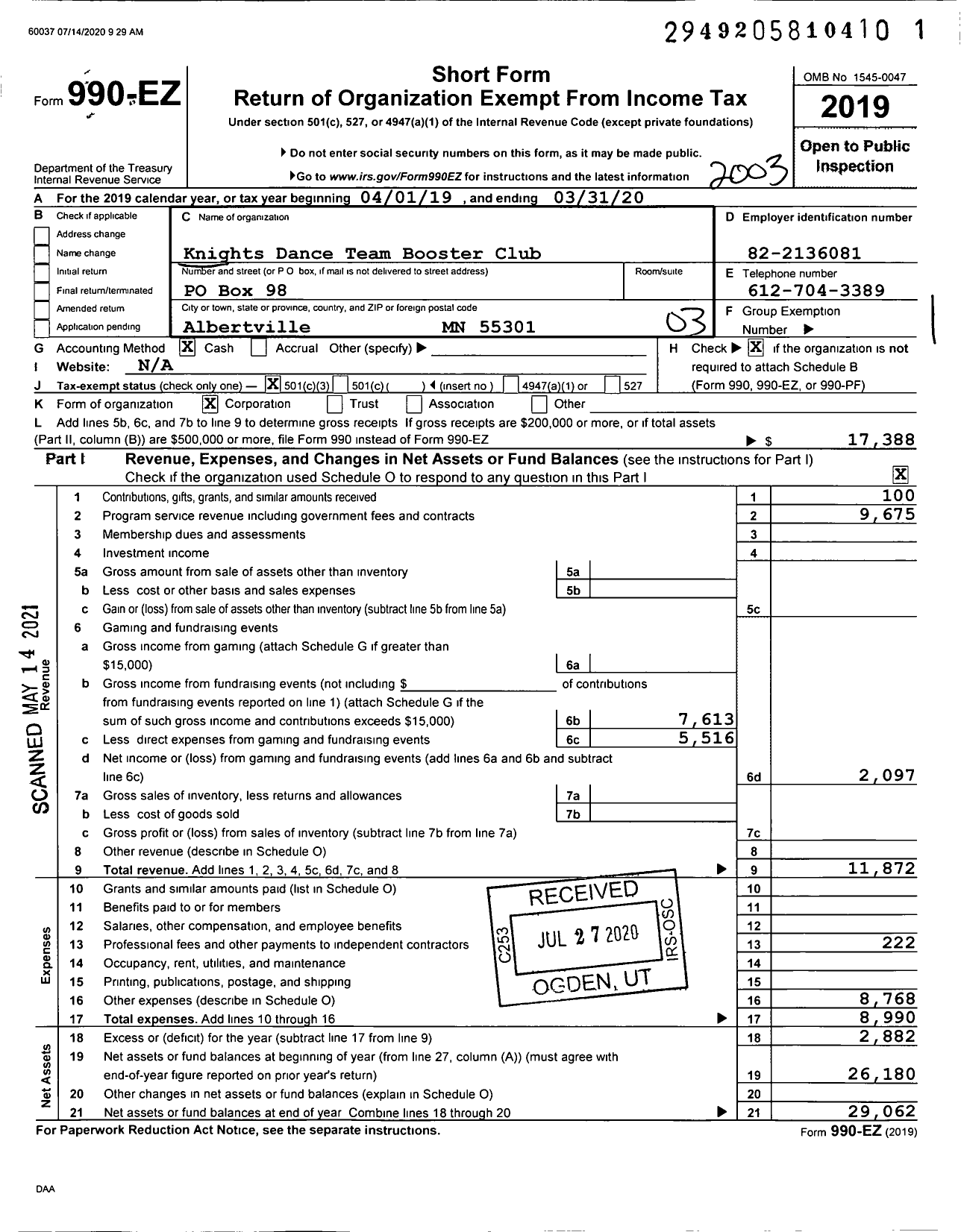 Image of first page of 2019 Form 990EZ for Knights Dance Team Booster Club