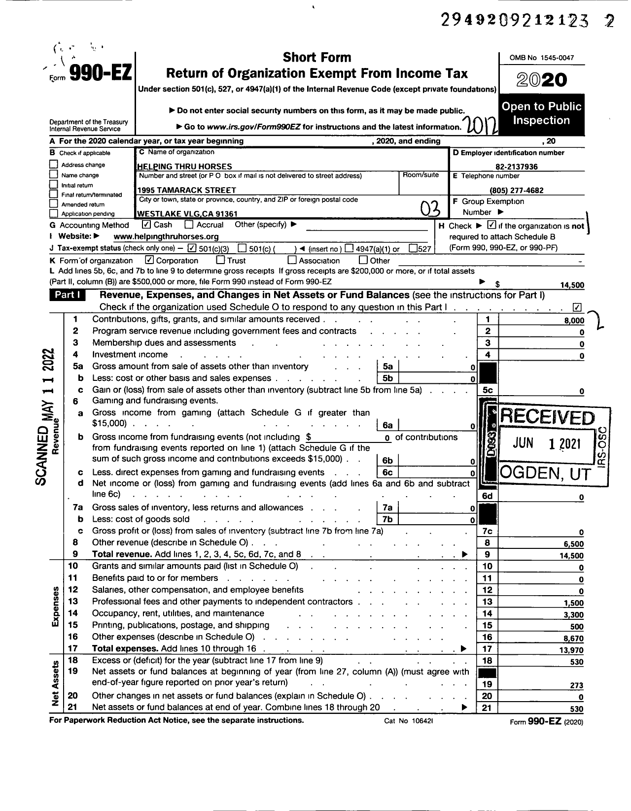 Image of first page of 2020 Form 990EZ for Helping Thru Horses