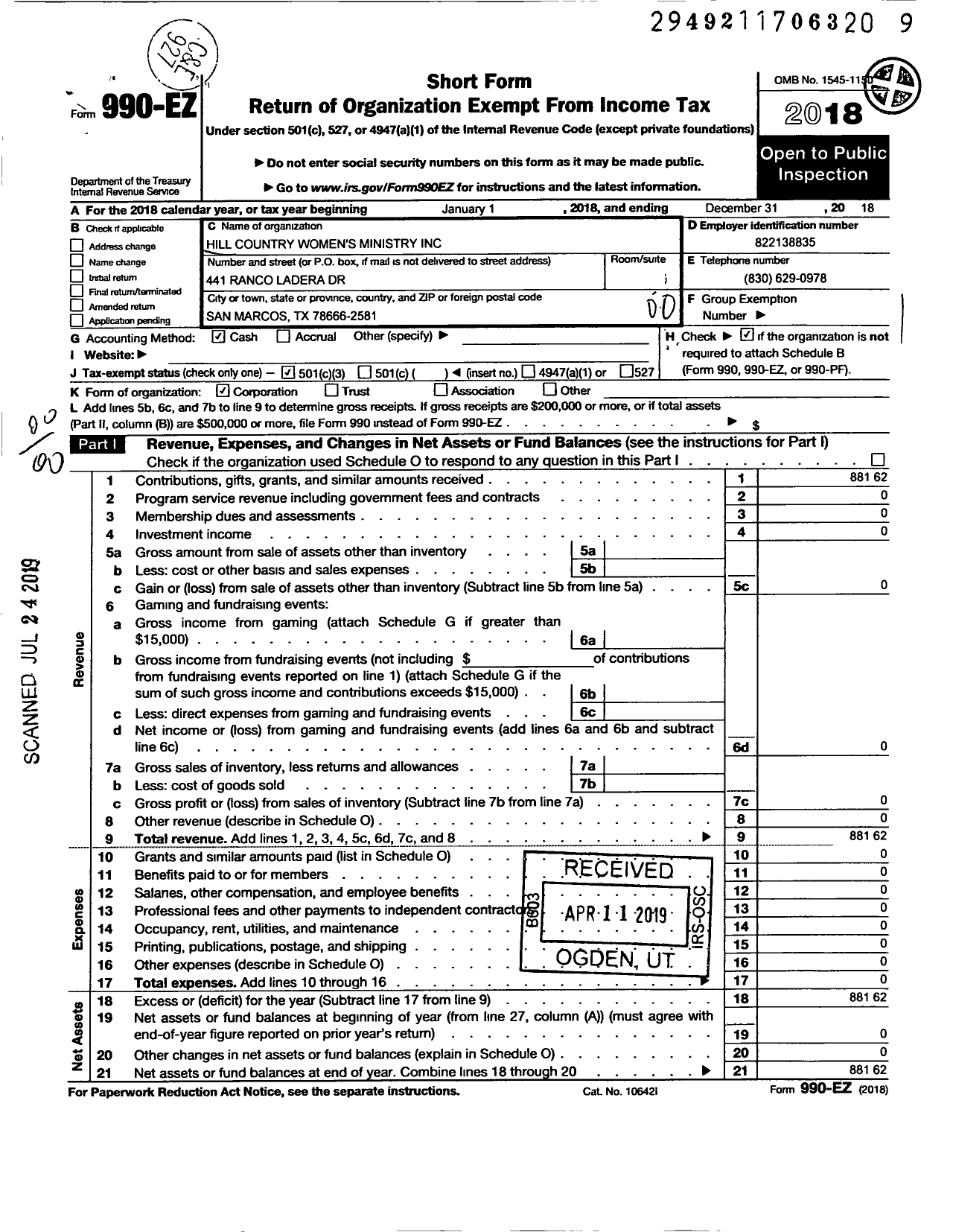 Image of first page of 2018 Form 990EO for HCWM