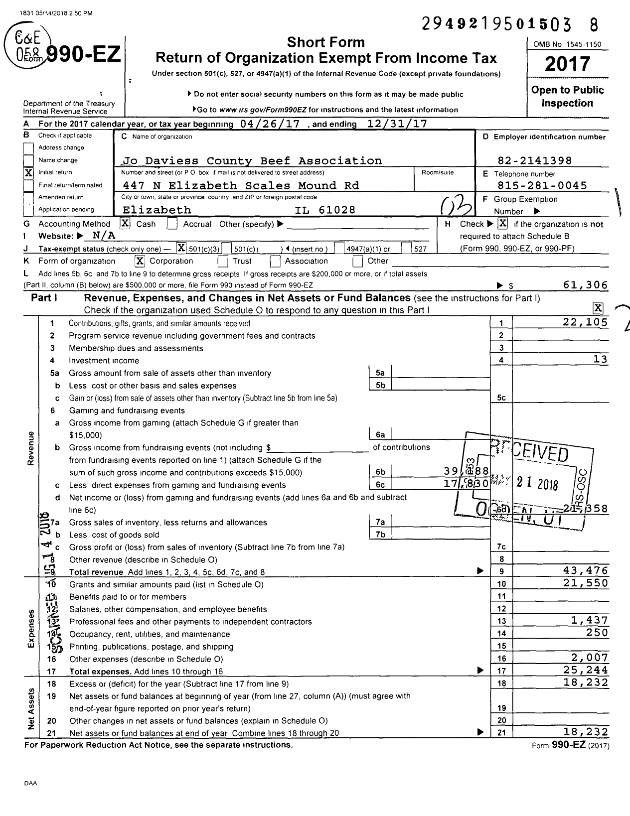 Image of first page of 2017 Form 990EZ for Jo Daviess County Beef Association