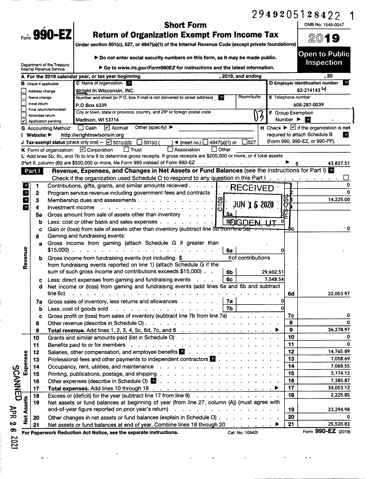 Image of first page of 2019 Form 990EZ for Wright in Wisconsin