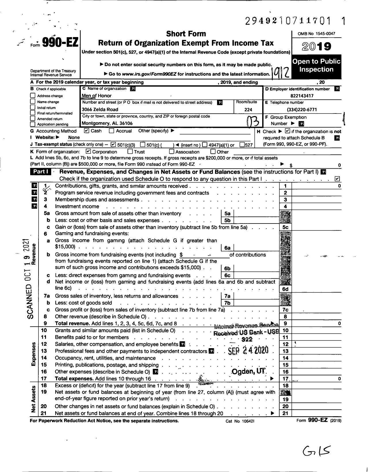 Image of first page of 2019 Form 990EZ for Men of Honor