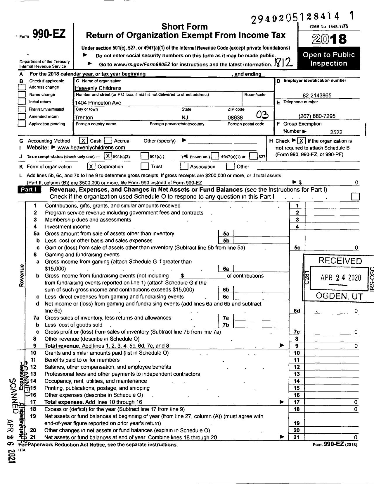 Image of first page of 2018 Form 990EZ for Heavenly Childrens