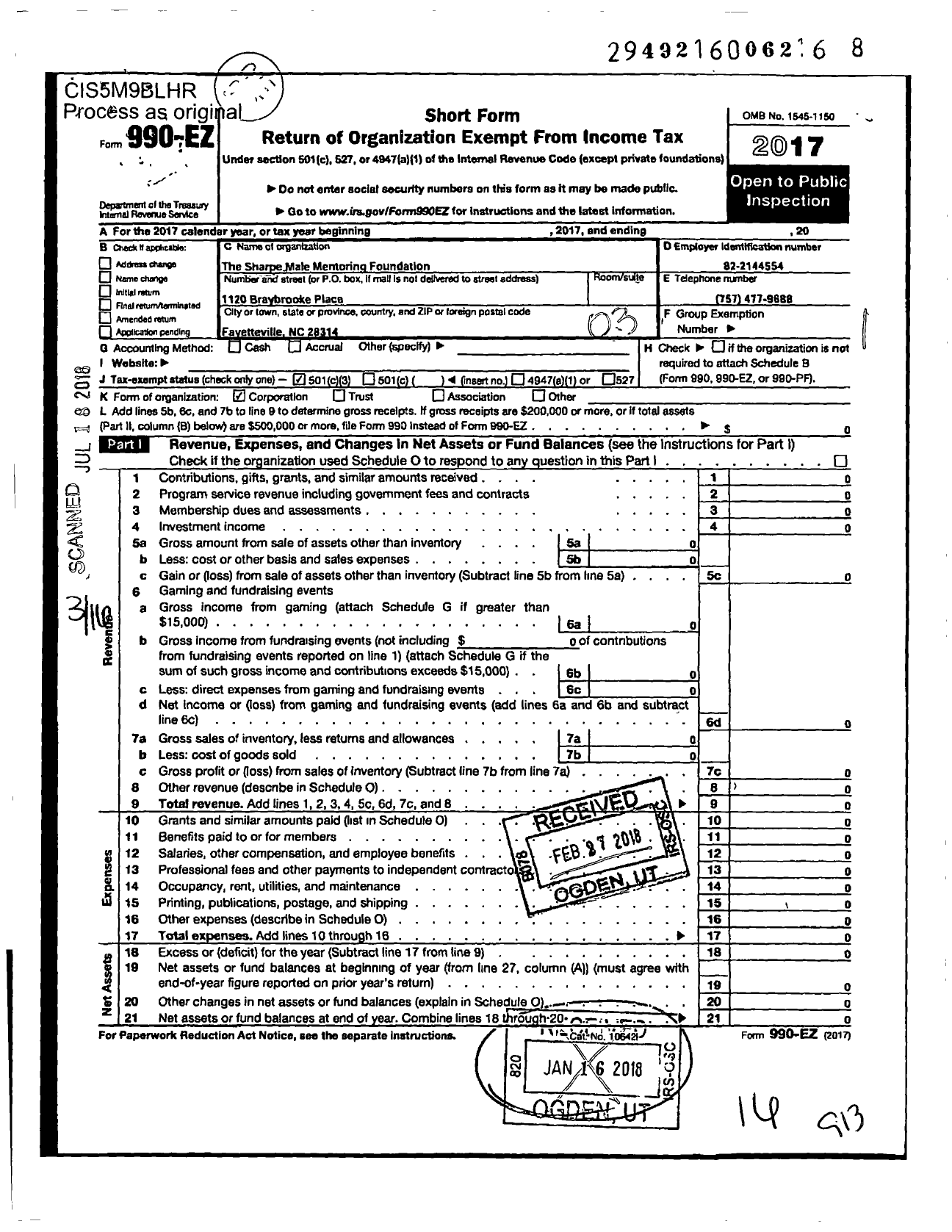 Image of first page of 2017 Form 990EZ for Sharpe Male Mentoring Foundation