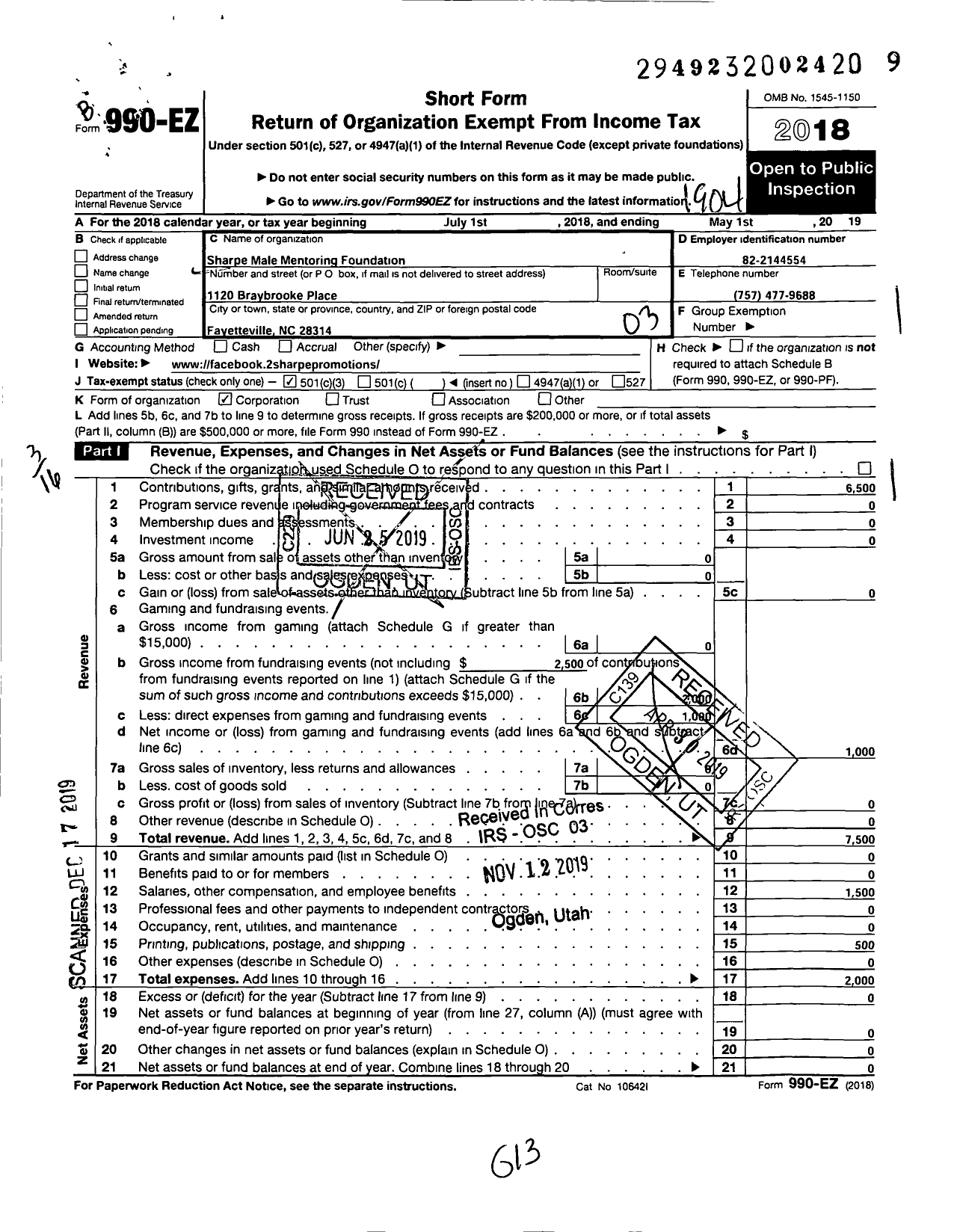 Image of first page of 2018 Form 990EZ for Sharpe Male Mentoring Foundation