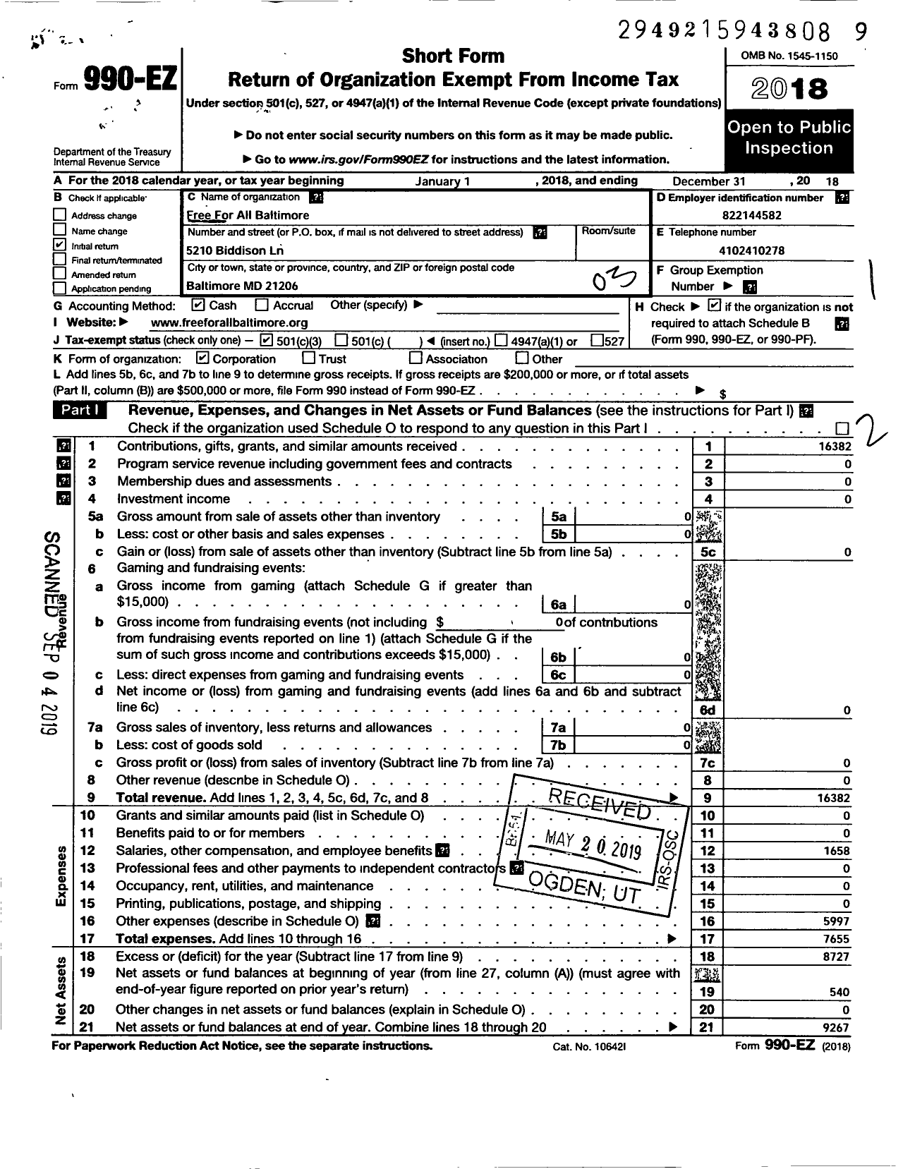 Image of first page of 2018 Form 990EZ for Free for All Baltimore