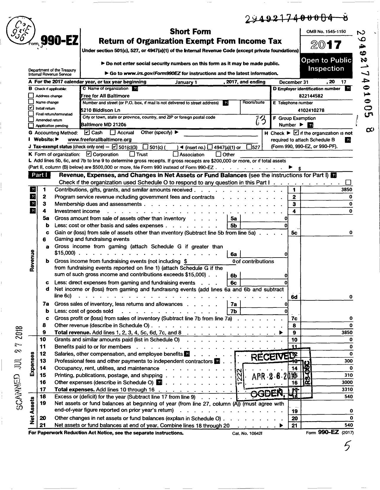 Image of first page of 2017 Form 990EZ for Free for All Baltimore