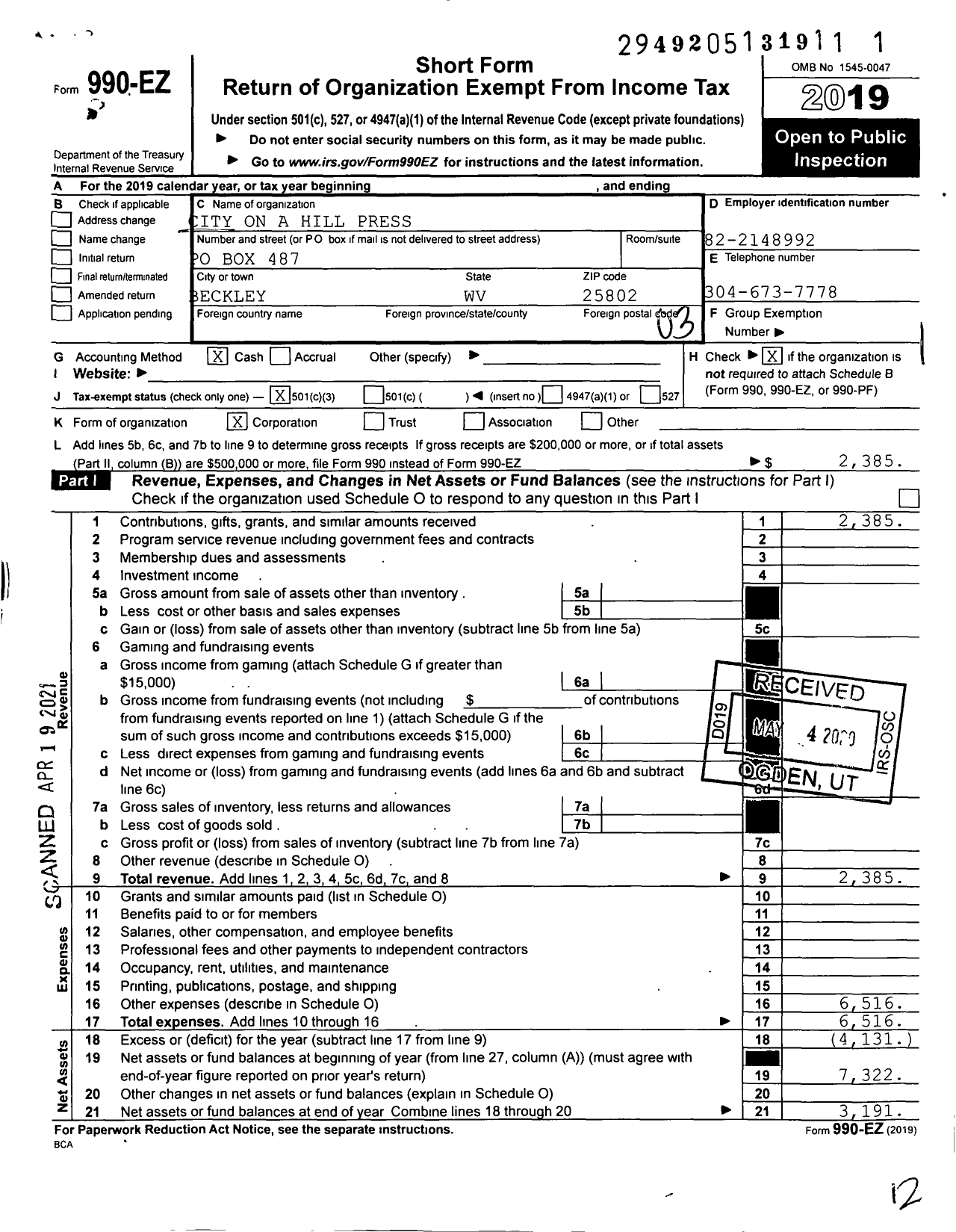 Image of first page of 2019 Form 990EZ for City on A Hill Press