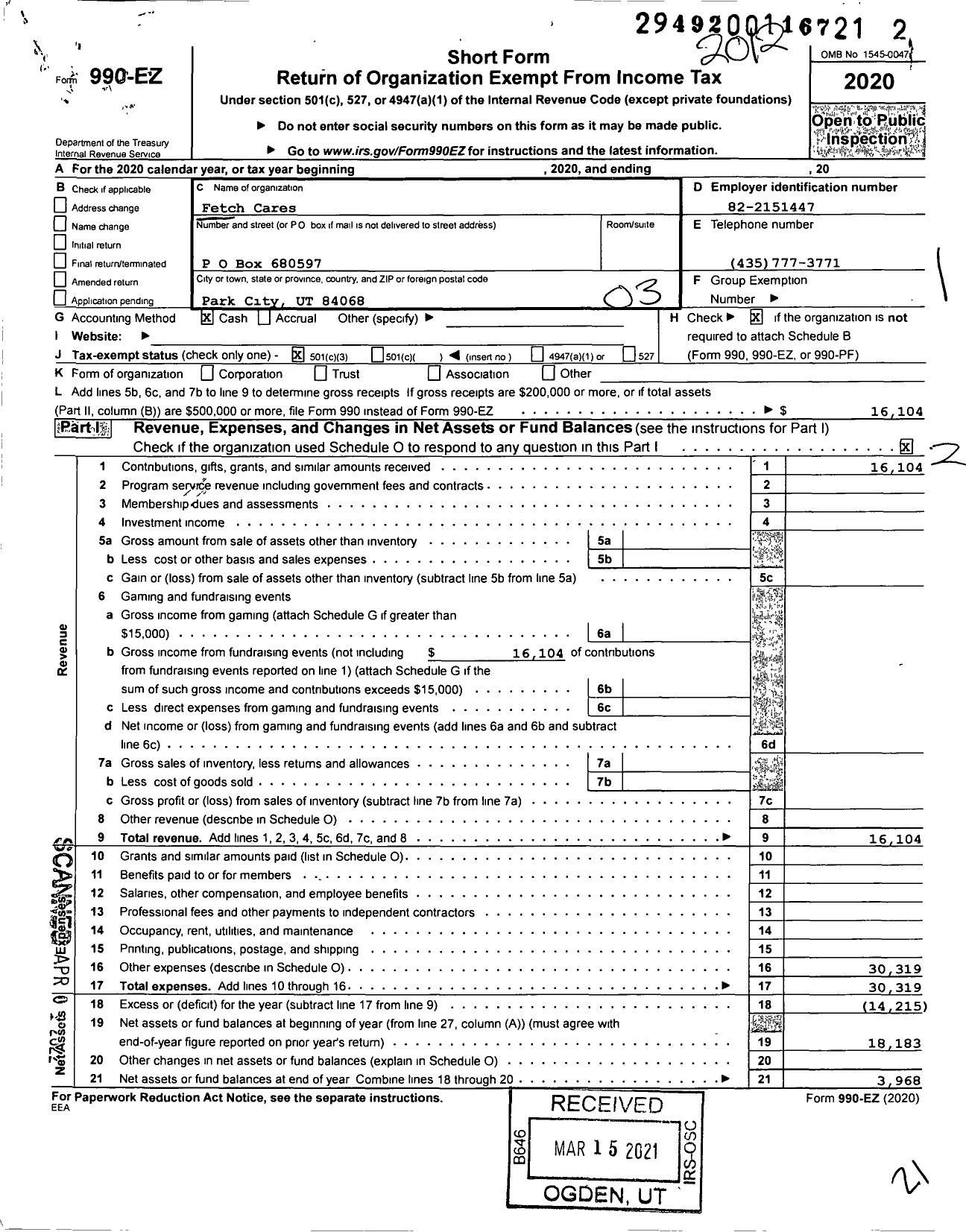 Image of first page of 2020 Form 990EZ for Fetch Cares