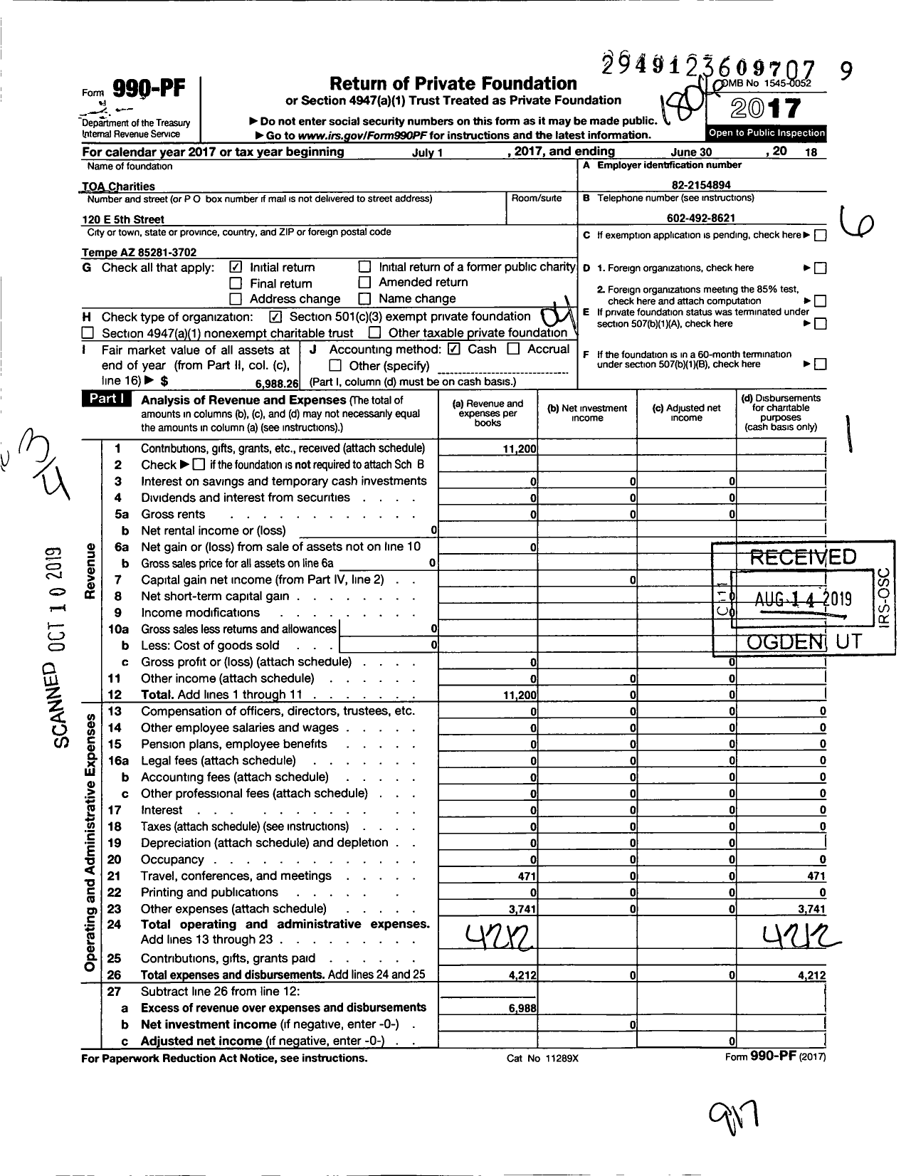 Image of first page of 2017 Form 990PF for TOA Charities