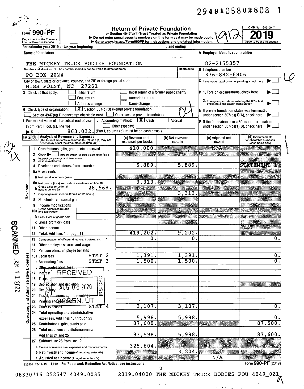 Image of first page of 2019 Form 990PF for The Mickey Truck Bodies Foundation