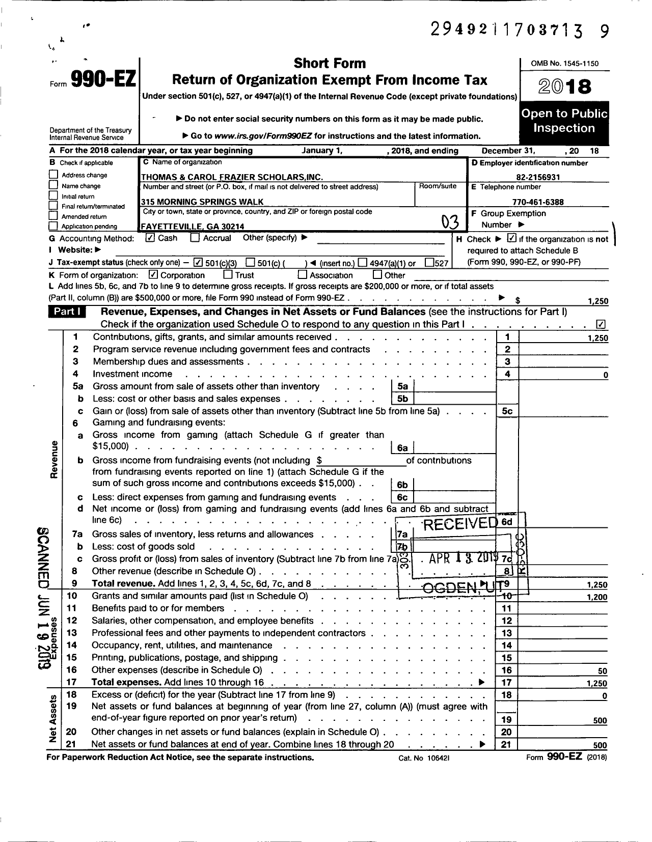 Image of first page of 2018 Form 990EZ for Thomas and Carol Frazier Scholars