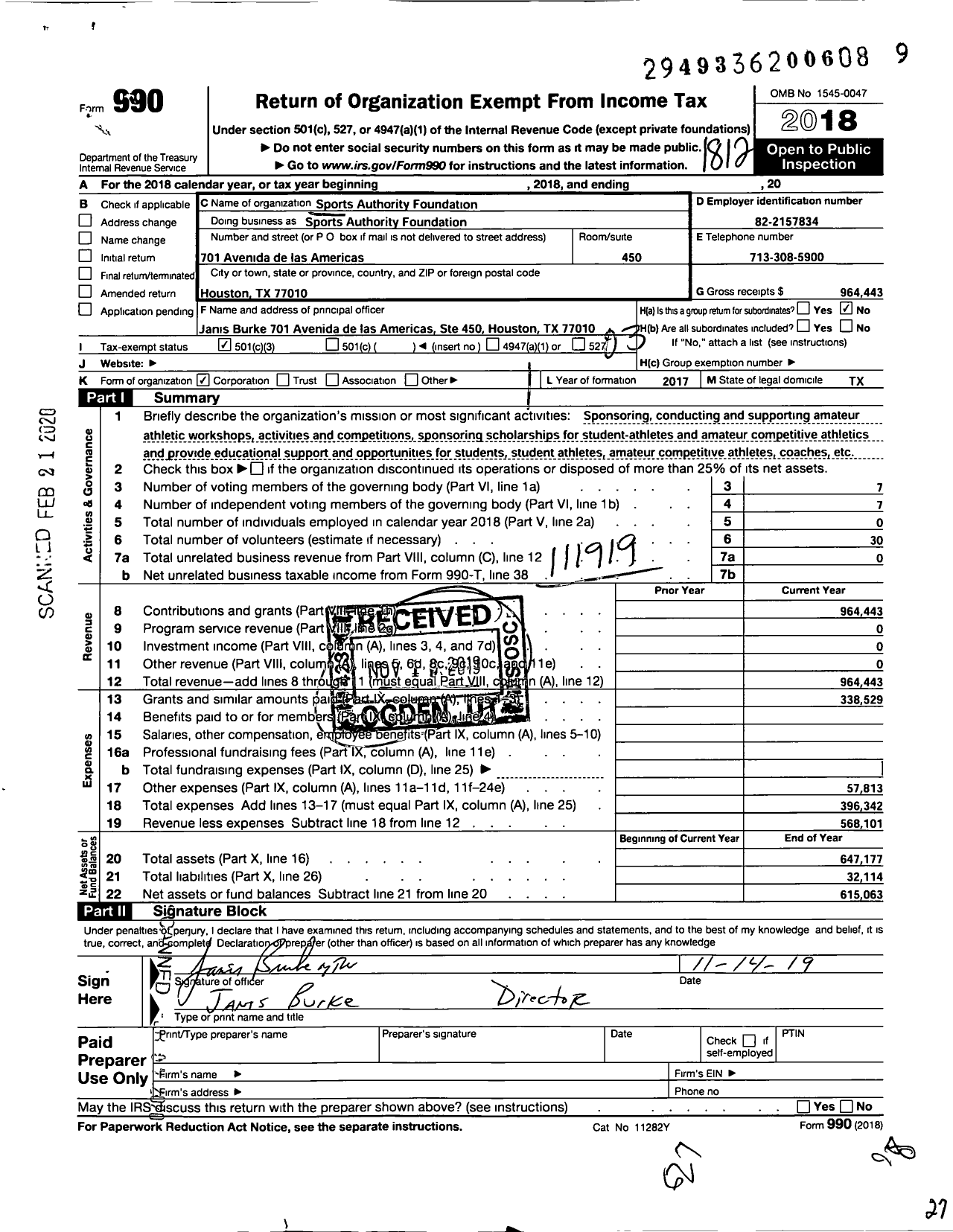 Image of first page of 2018 Form 990 for Sports Authority Foundation