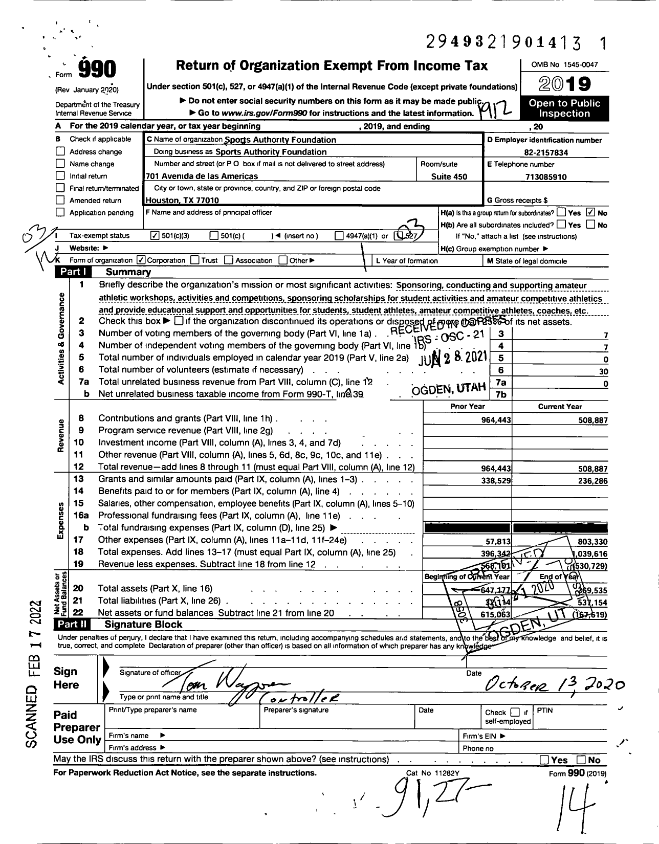 Image of first page of 2019 Form 990 for Sports Authority Foundation