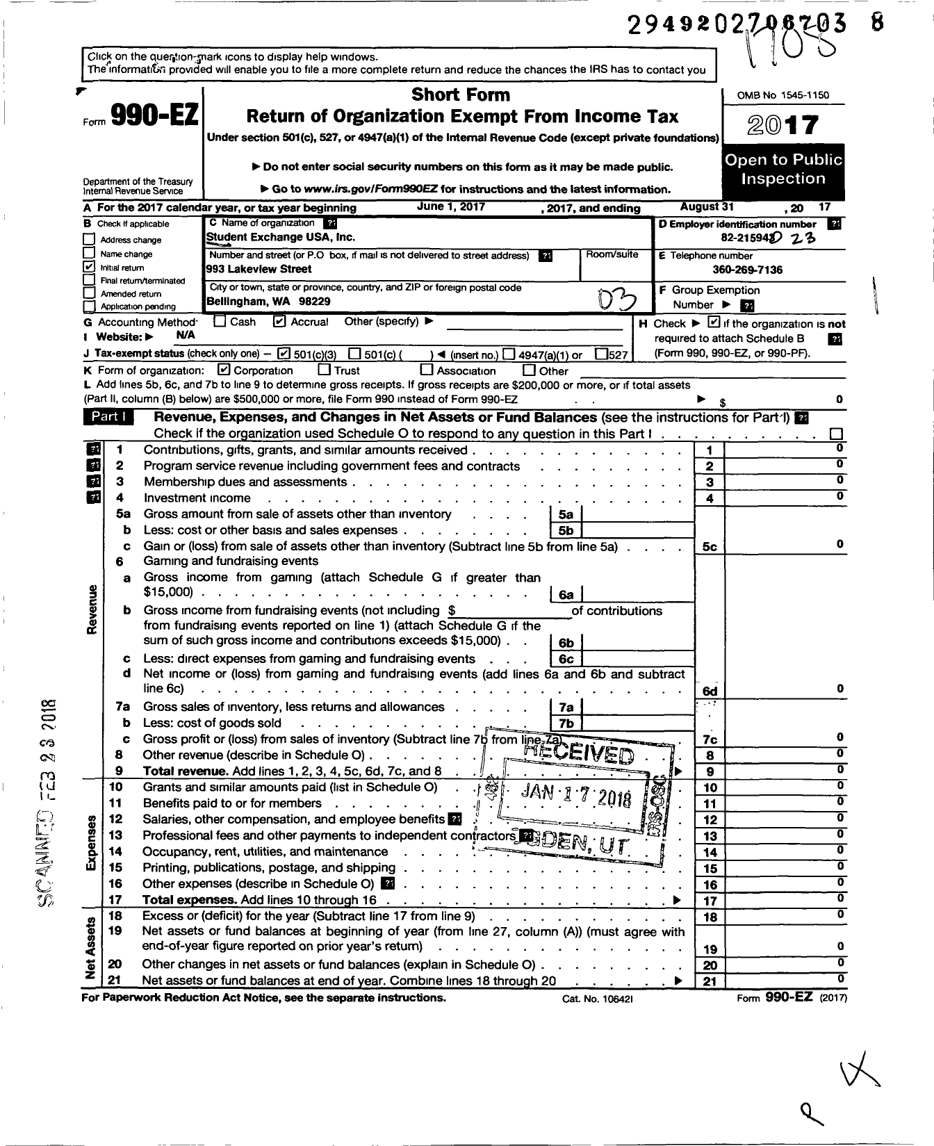 Image of first page of 2017 Form 990EZ for Student Exchange USA