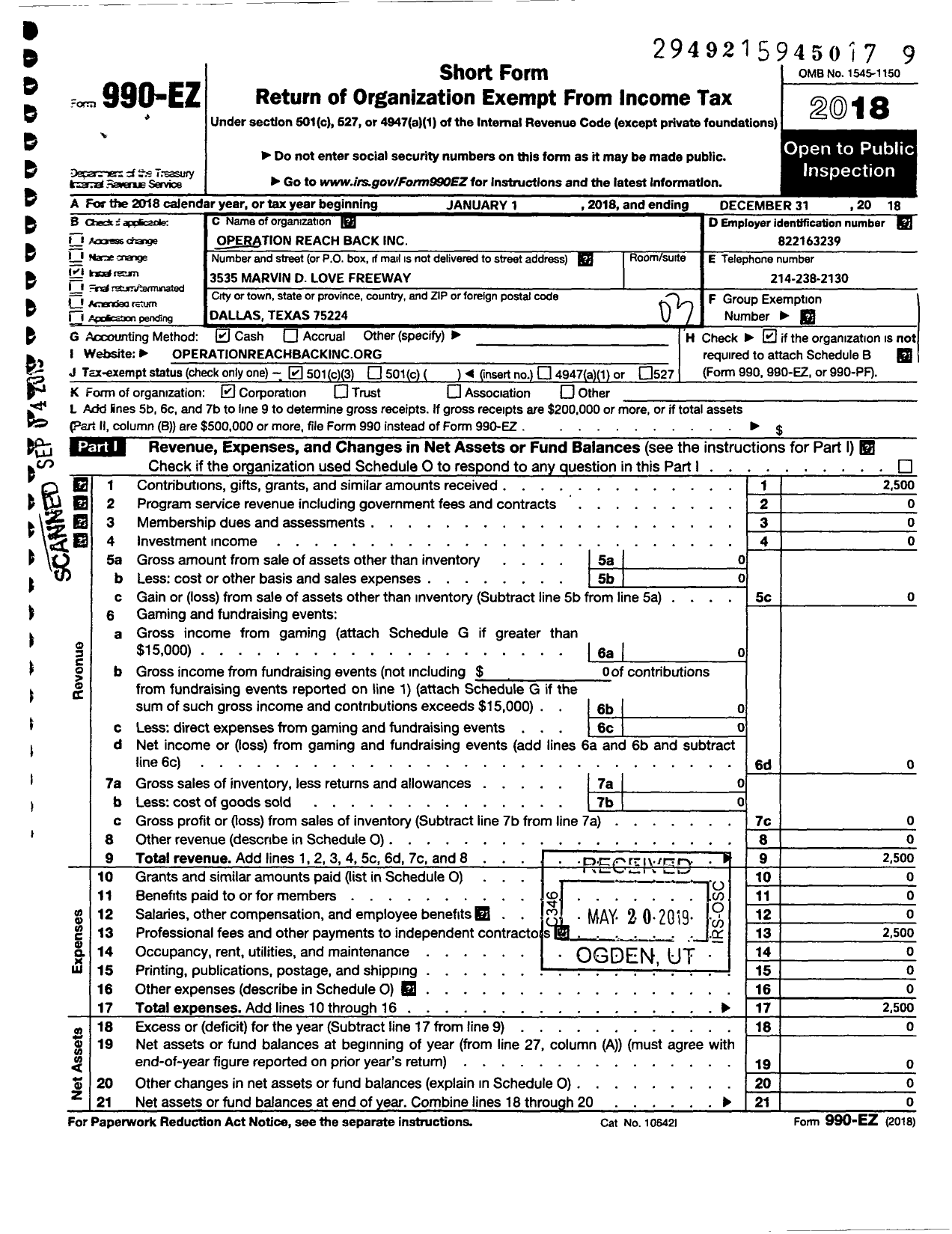 Image of first page of 2018 Form 990EZ for Operation Reach Back