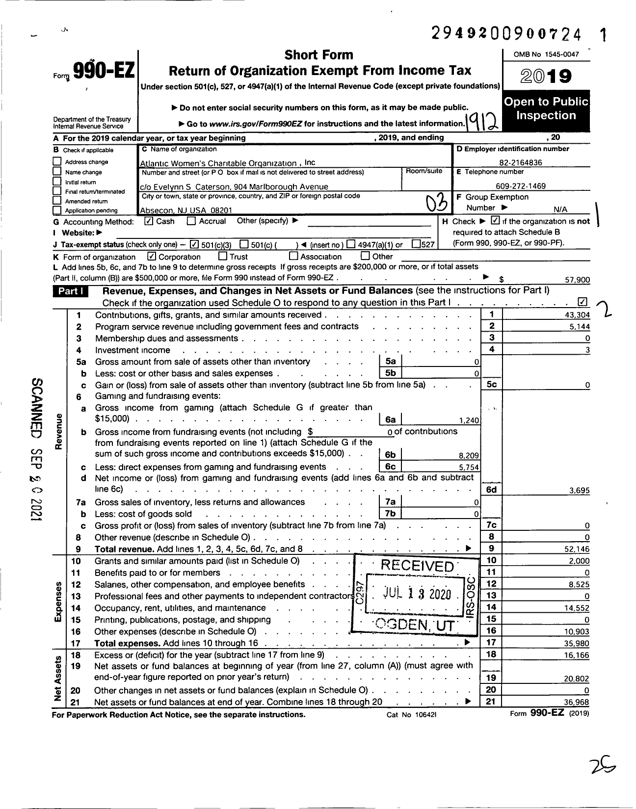 Image of first page of 2019 Form 990EZ for Atlantic Womens Charitable Organization