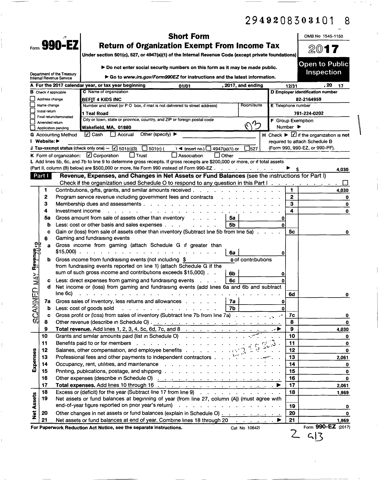 Image of first page of 2017 Form 990EZ for Befit 4 Kids