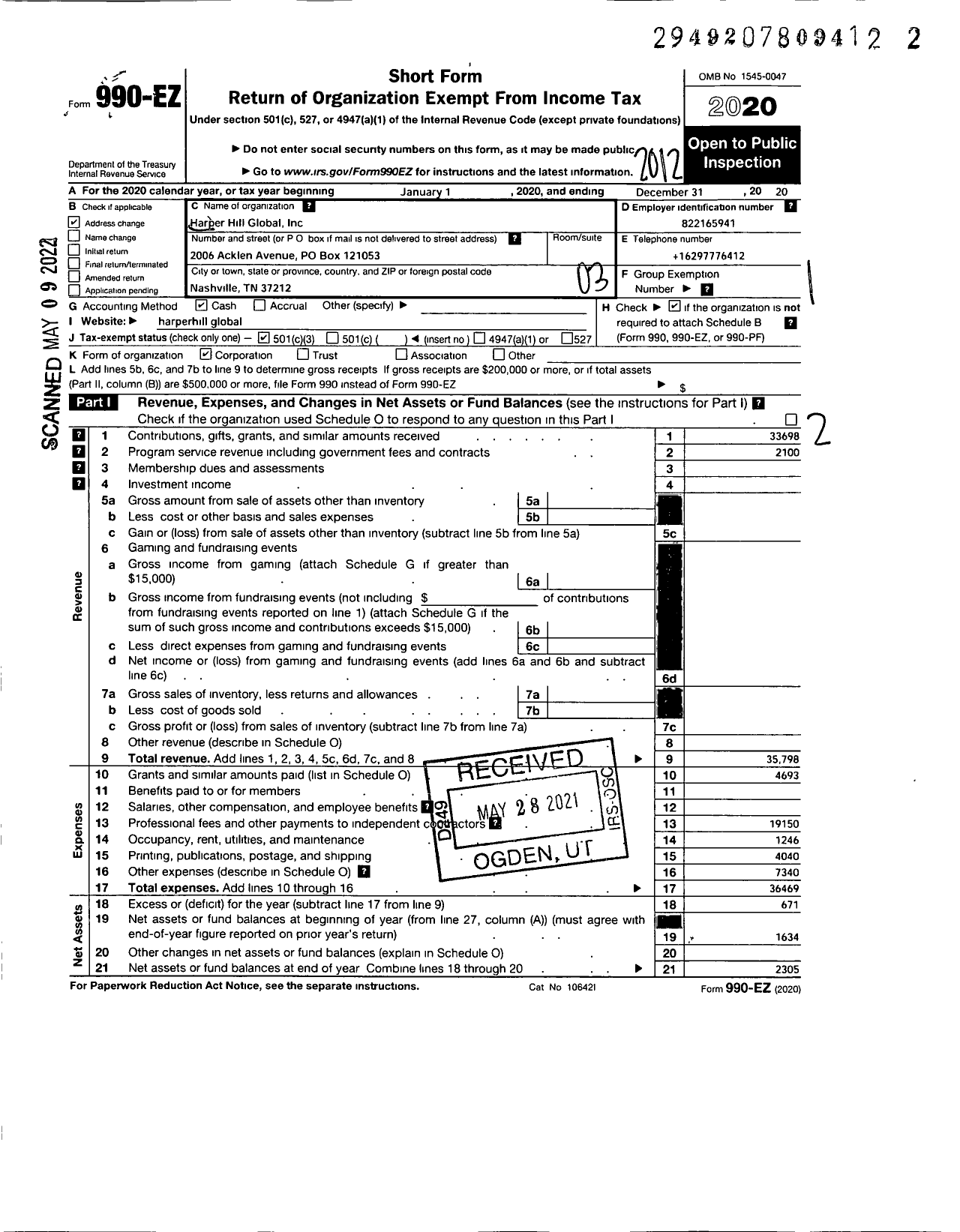 Image of first page of 2020 Form 990EZ for Harper Hill Global