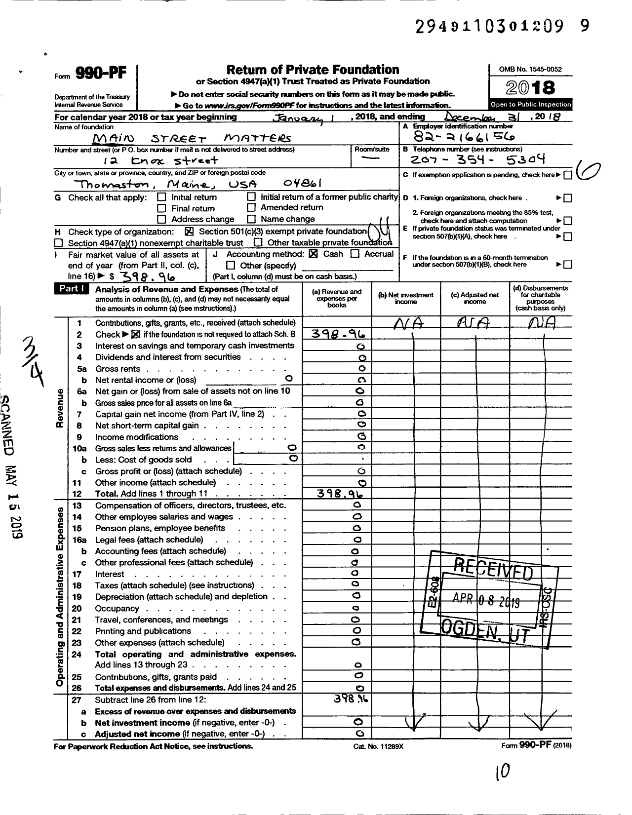 Image of first page of 2018 Form 990PF for Main Street Matters-Thomaston Maine