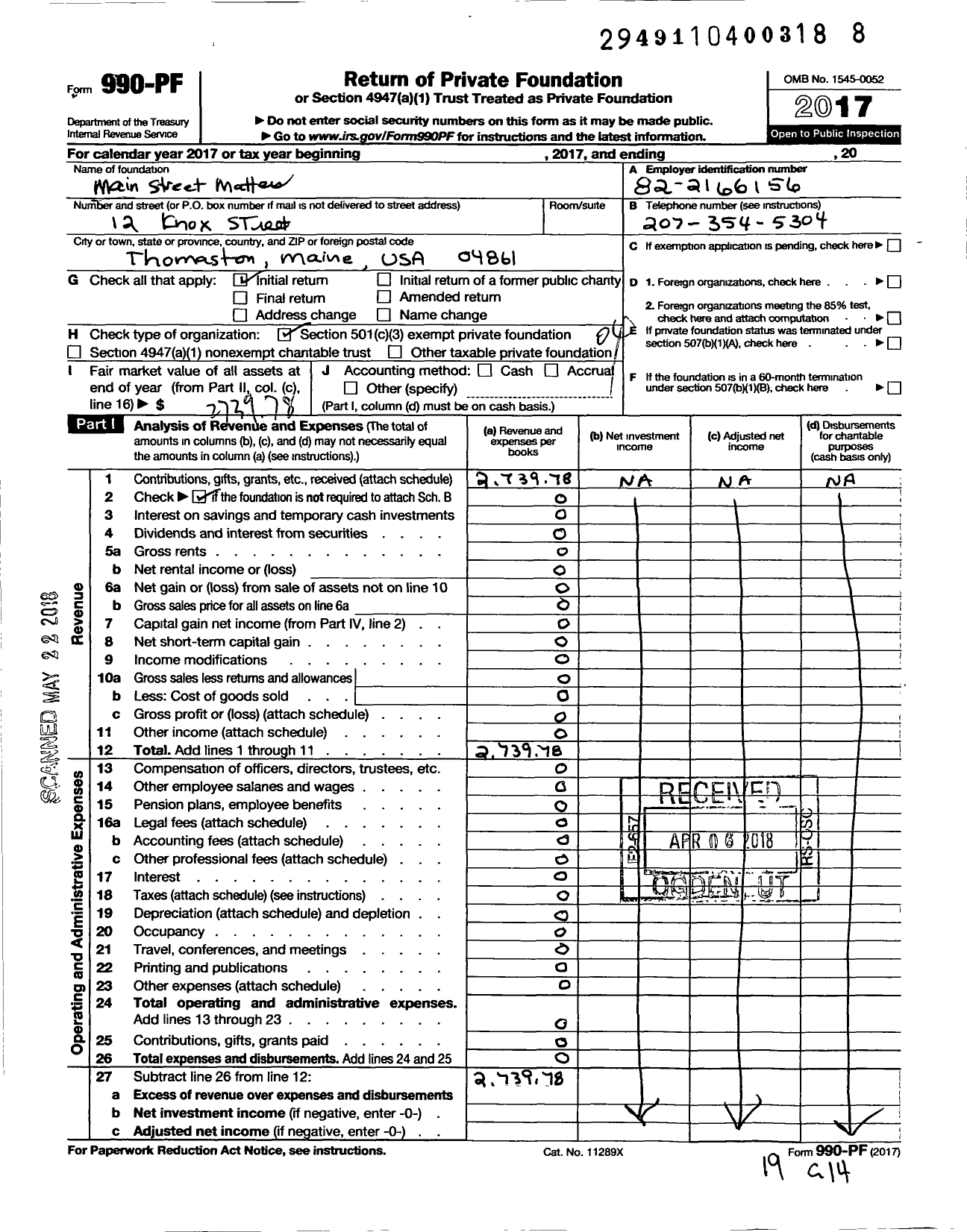 Image of first page of 2017 Form 990PF for Main Street Matters-Thomaston Maine