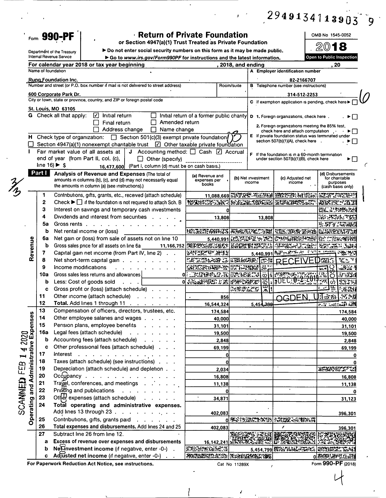 Image of first page of 2018 Form 990PF for Rung Foundation