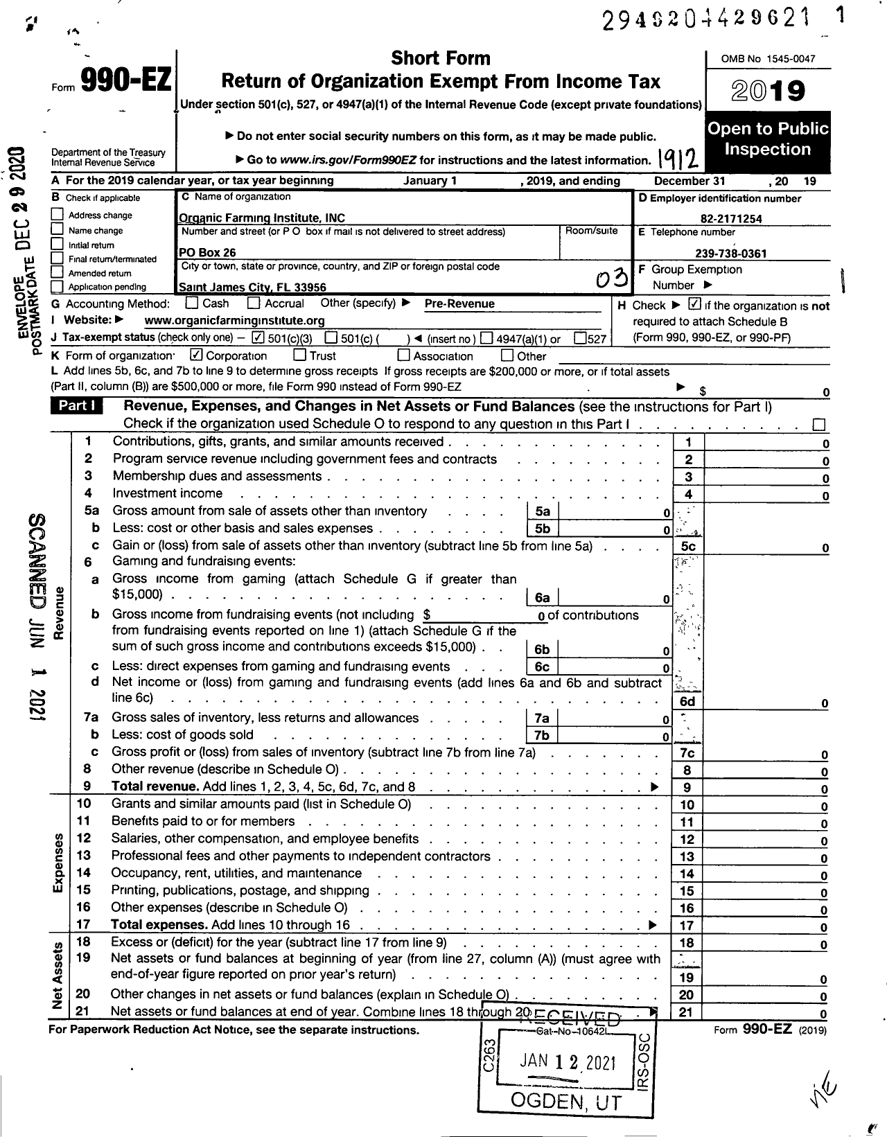 Image of first page of 2019 Form 990EZ for Organic Farming Institute