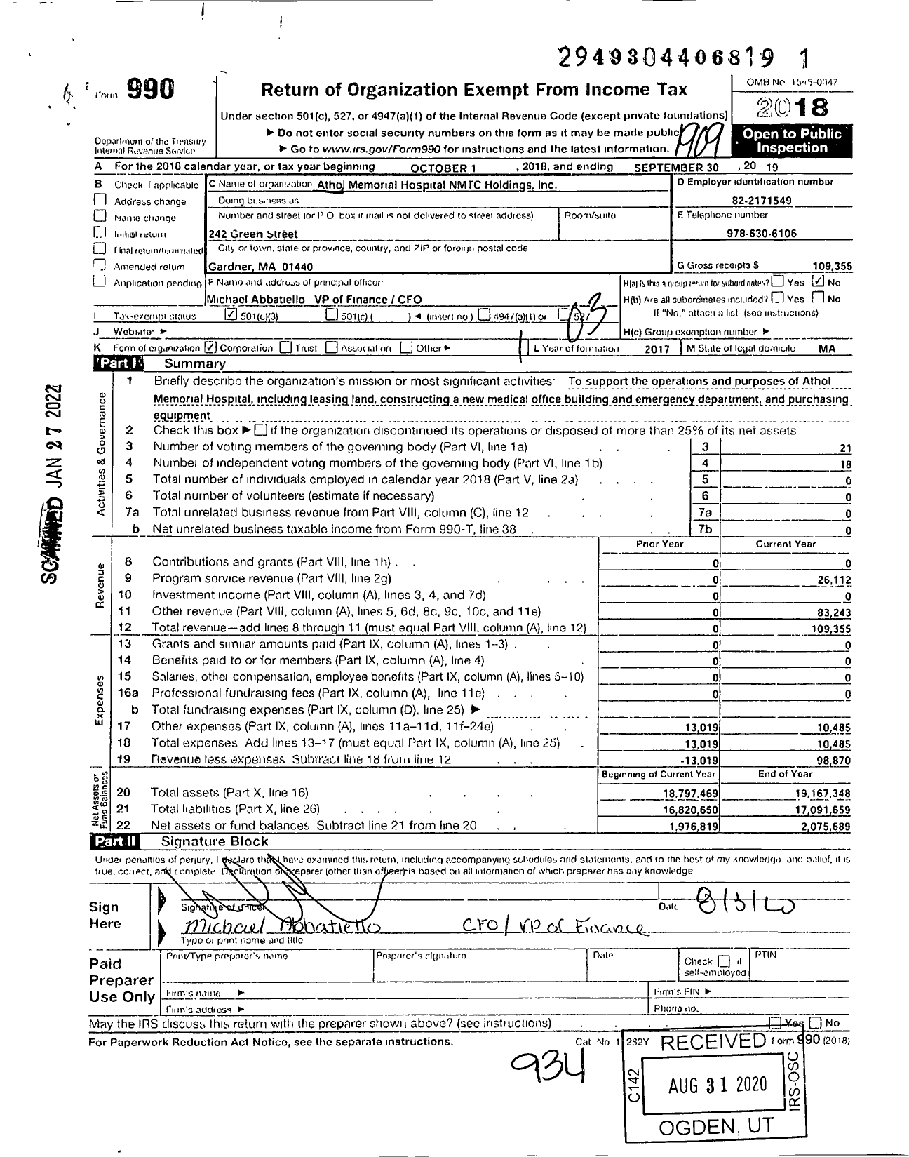 Image of first page of 2018 Form 990 for Athol Memorial Hospital NMTC Holdings