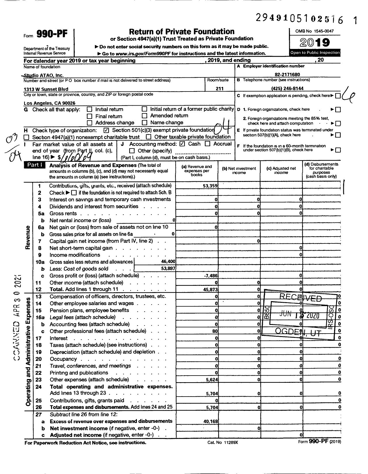 Image of first page of 2019 Form 990PF for Studio Atao