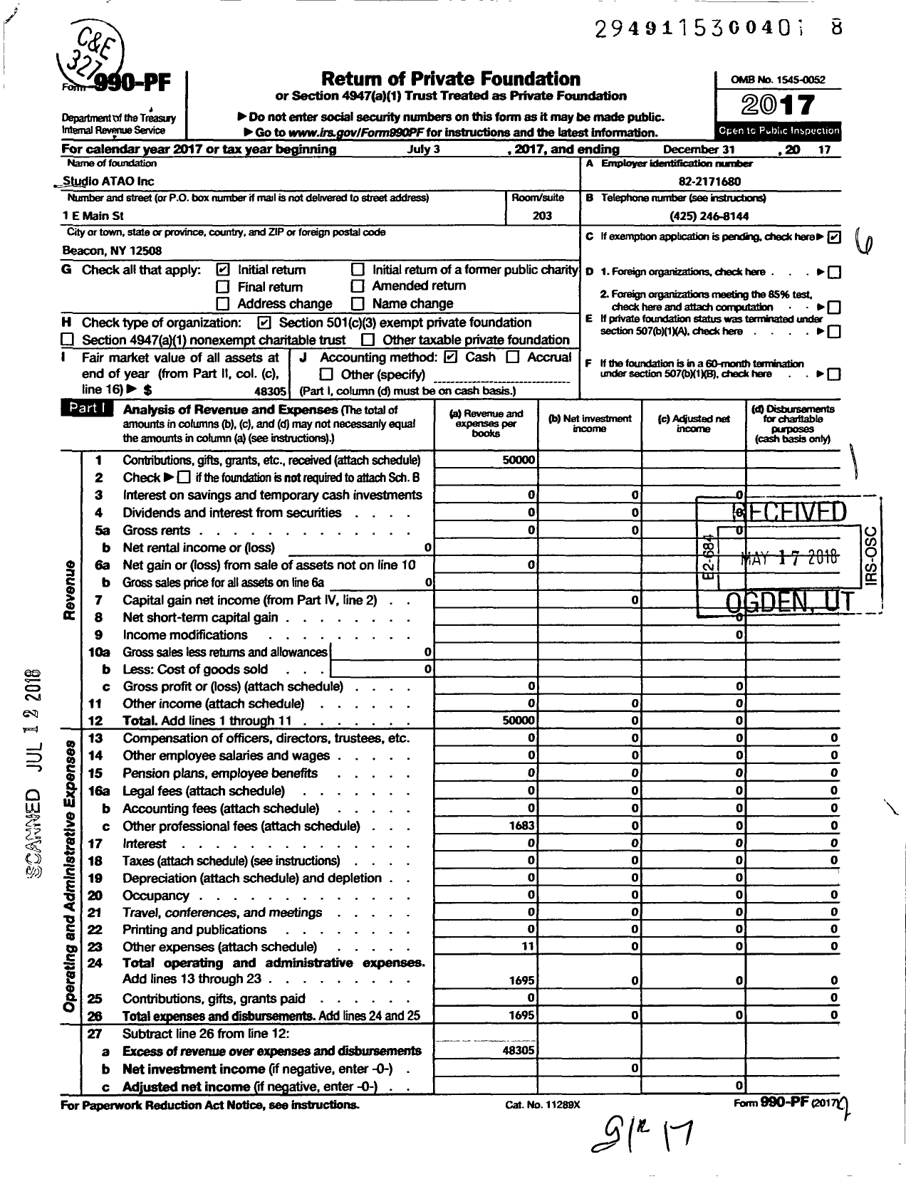 Image of first page of 2017 Form 990PF for Studio Atao