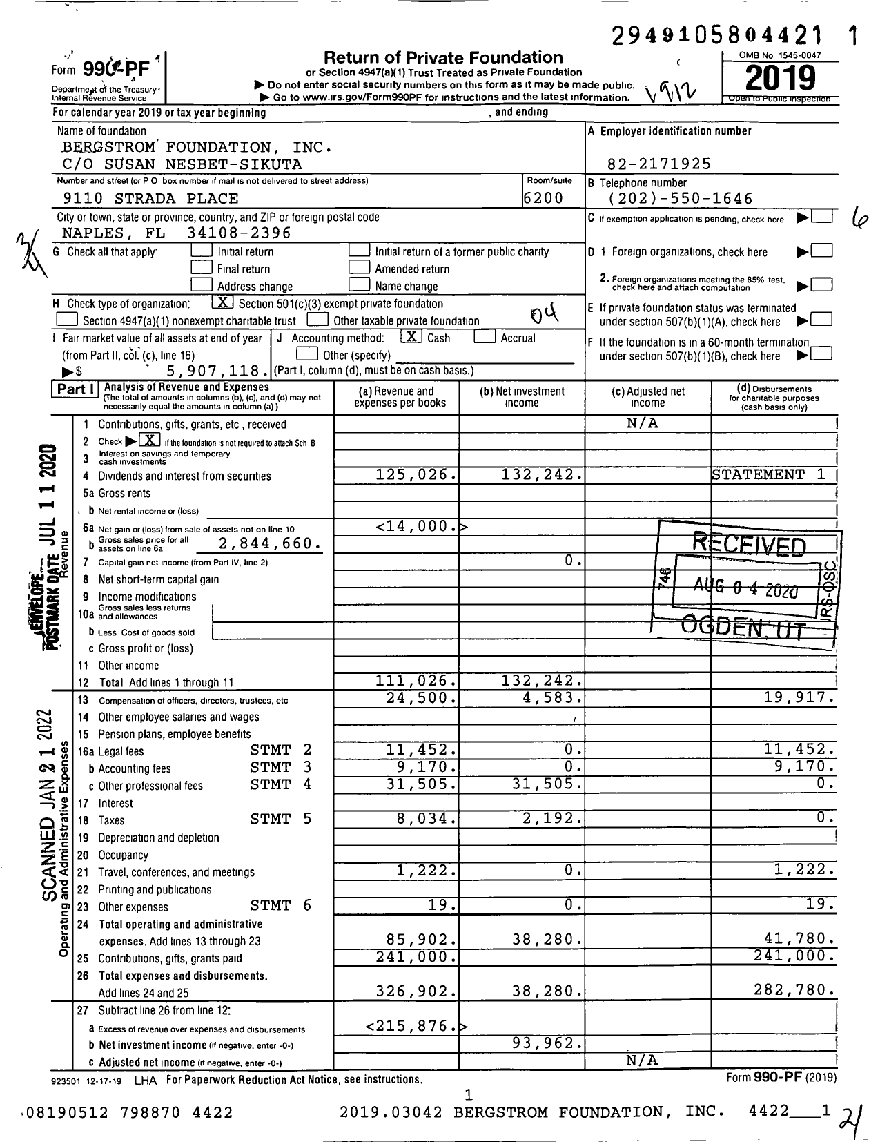 Image of first page of 2019 Form 990PF for Bergstrom Foundation