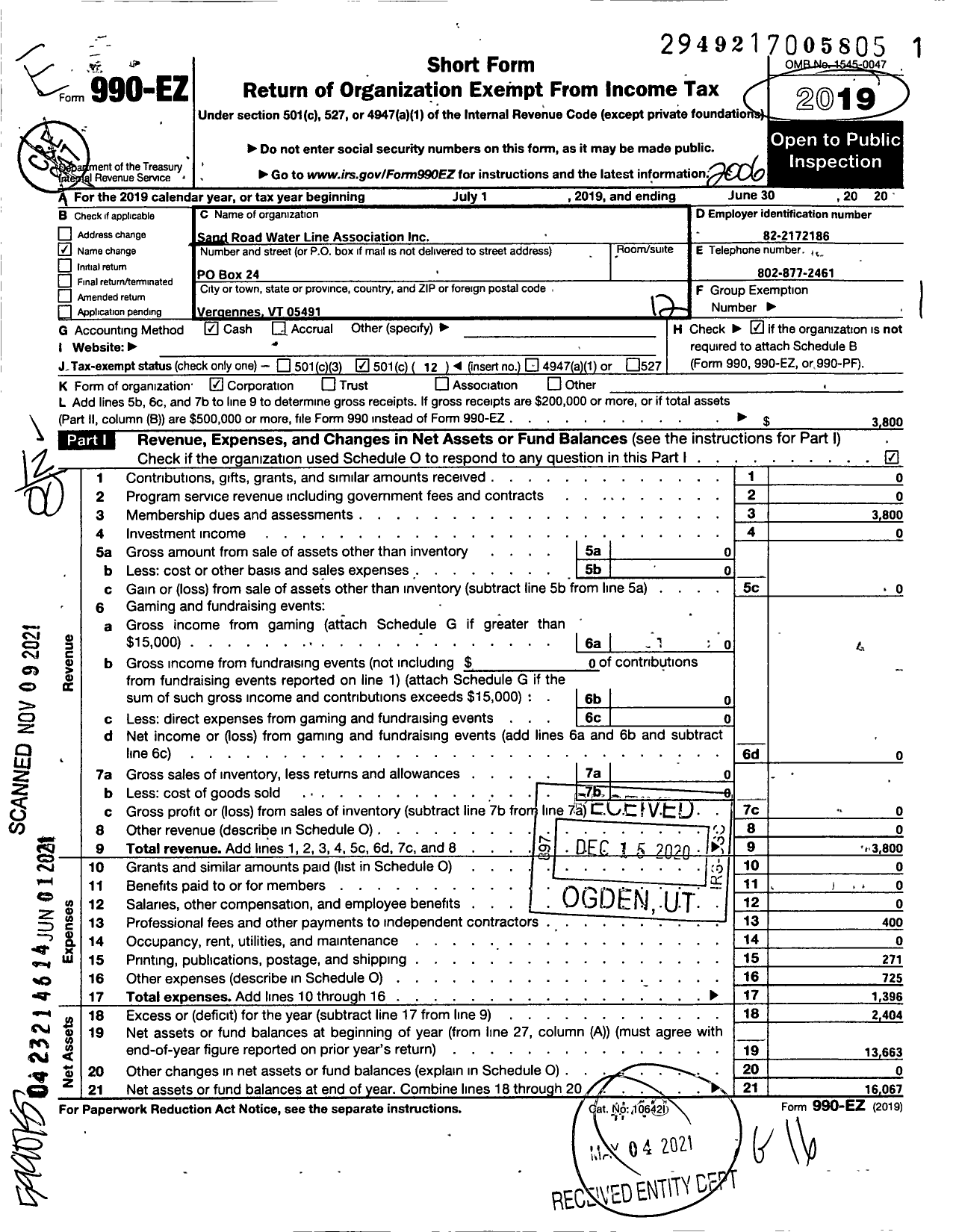 Image of first page of 2019 Form 990EO for Sand Road Water Line Association