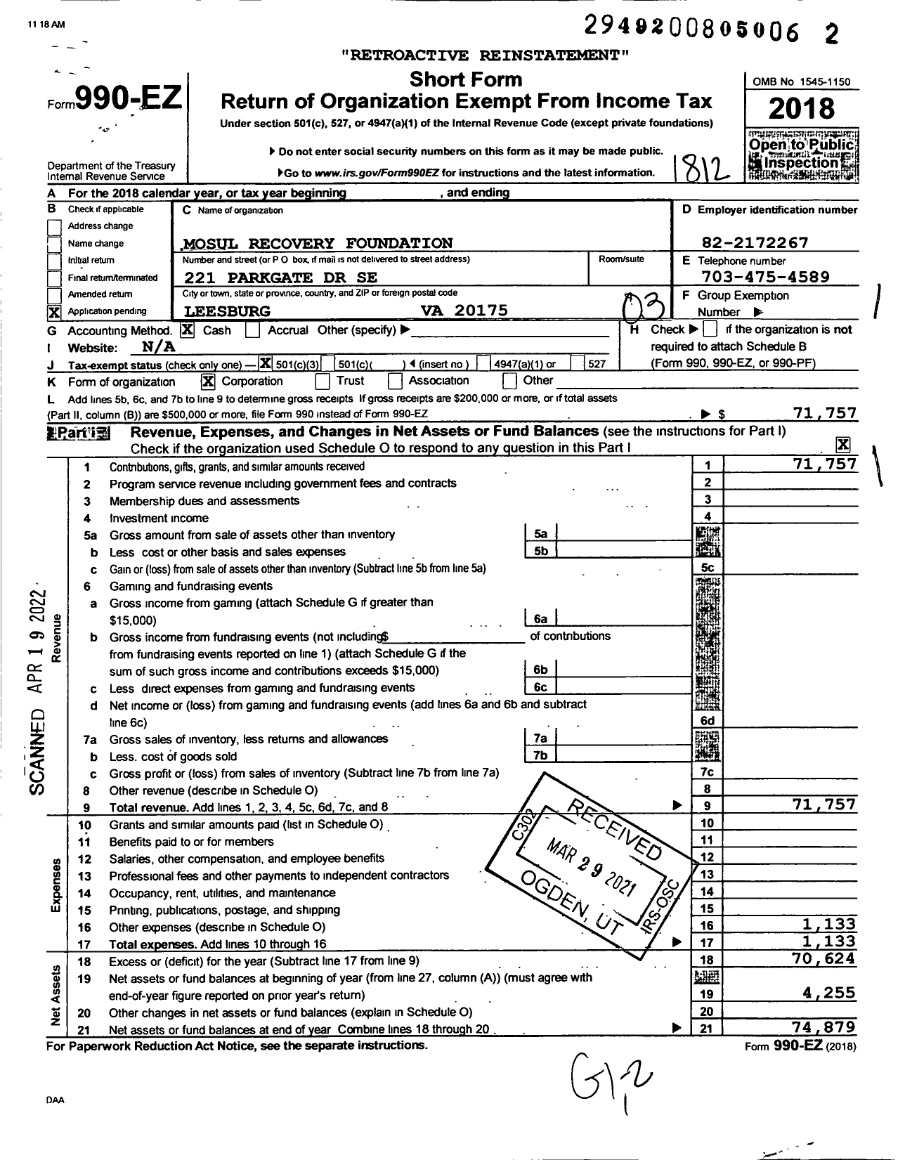 Image of first page of 2018 Form 990EZ for Mosul Recovery Foundation