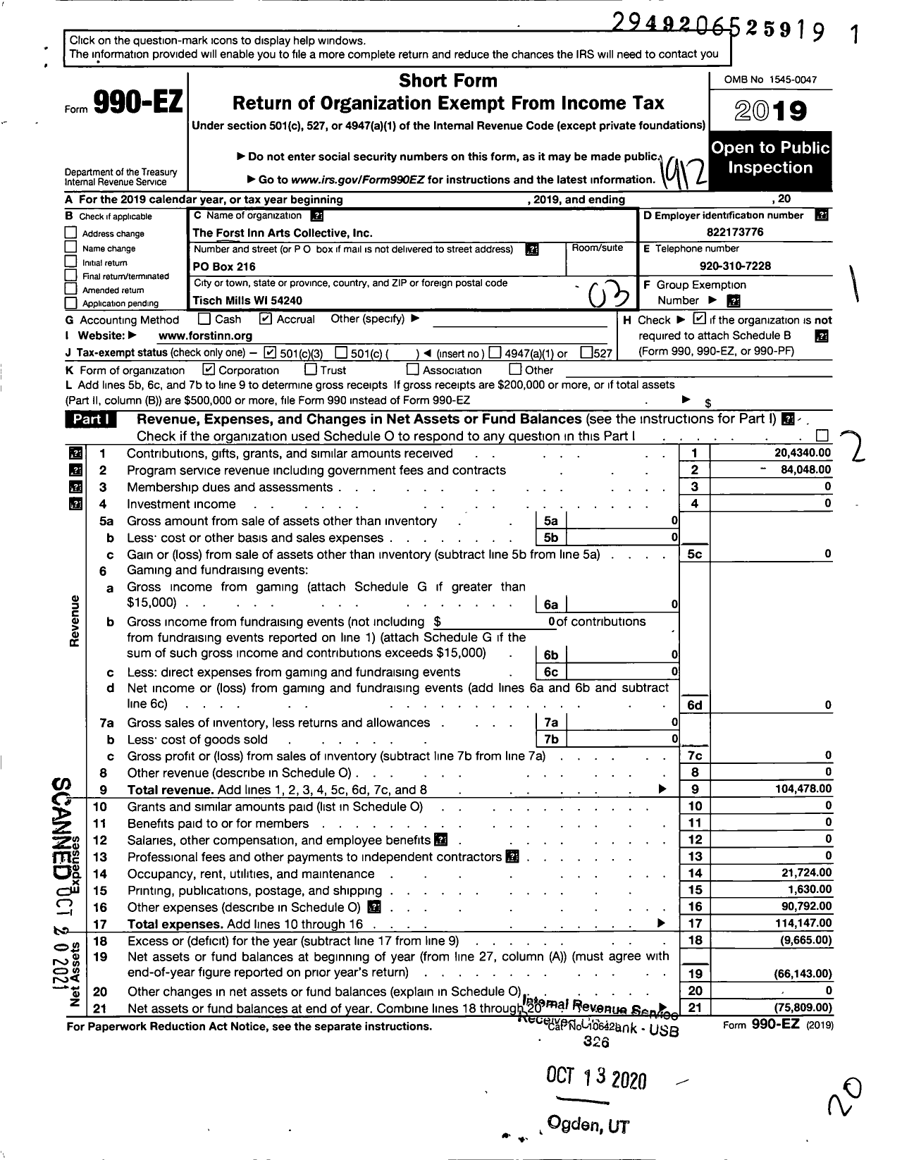 Image of first page of 2019 Form 990EZ for Forst Inn Arts Collective