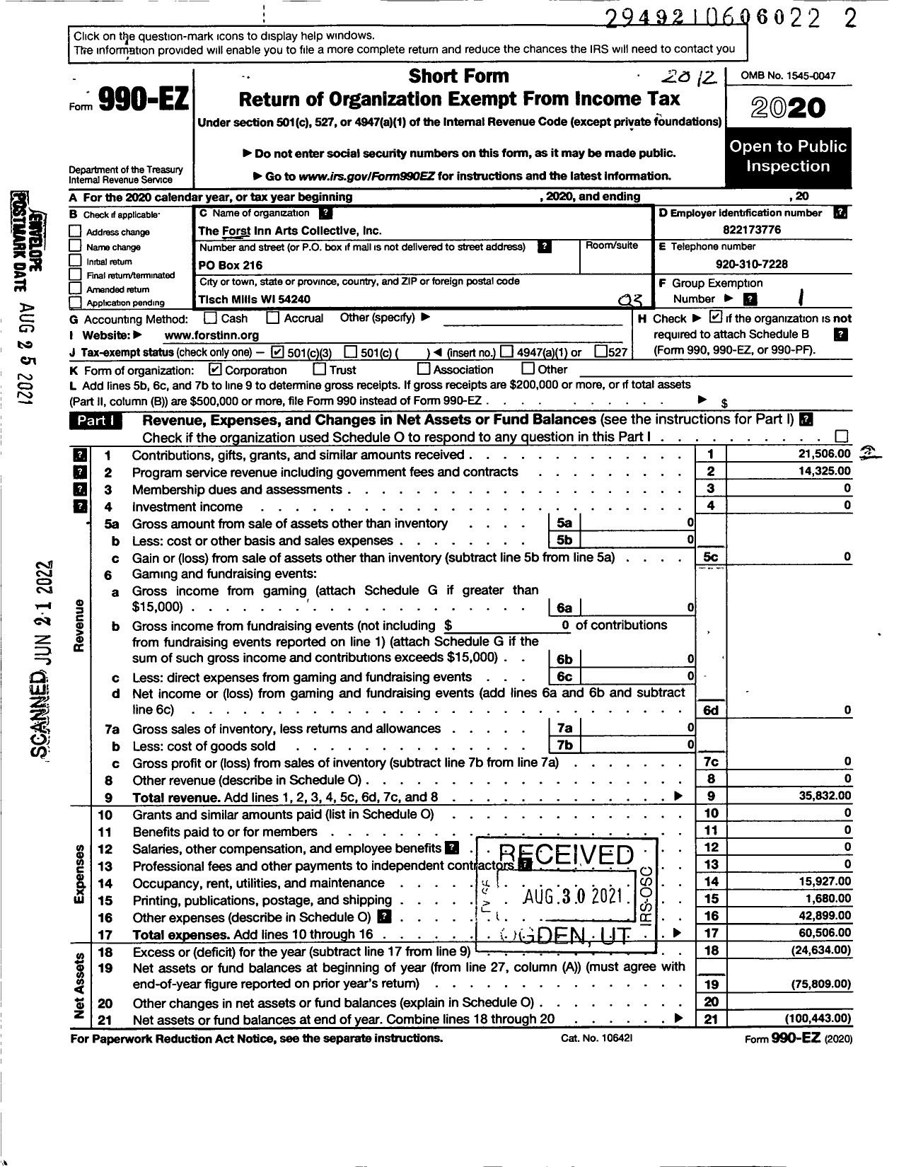 Image of first page of 2020 Form 990EZ for Forst Inn Arts Collective