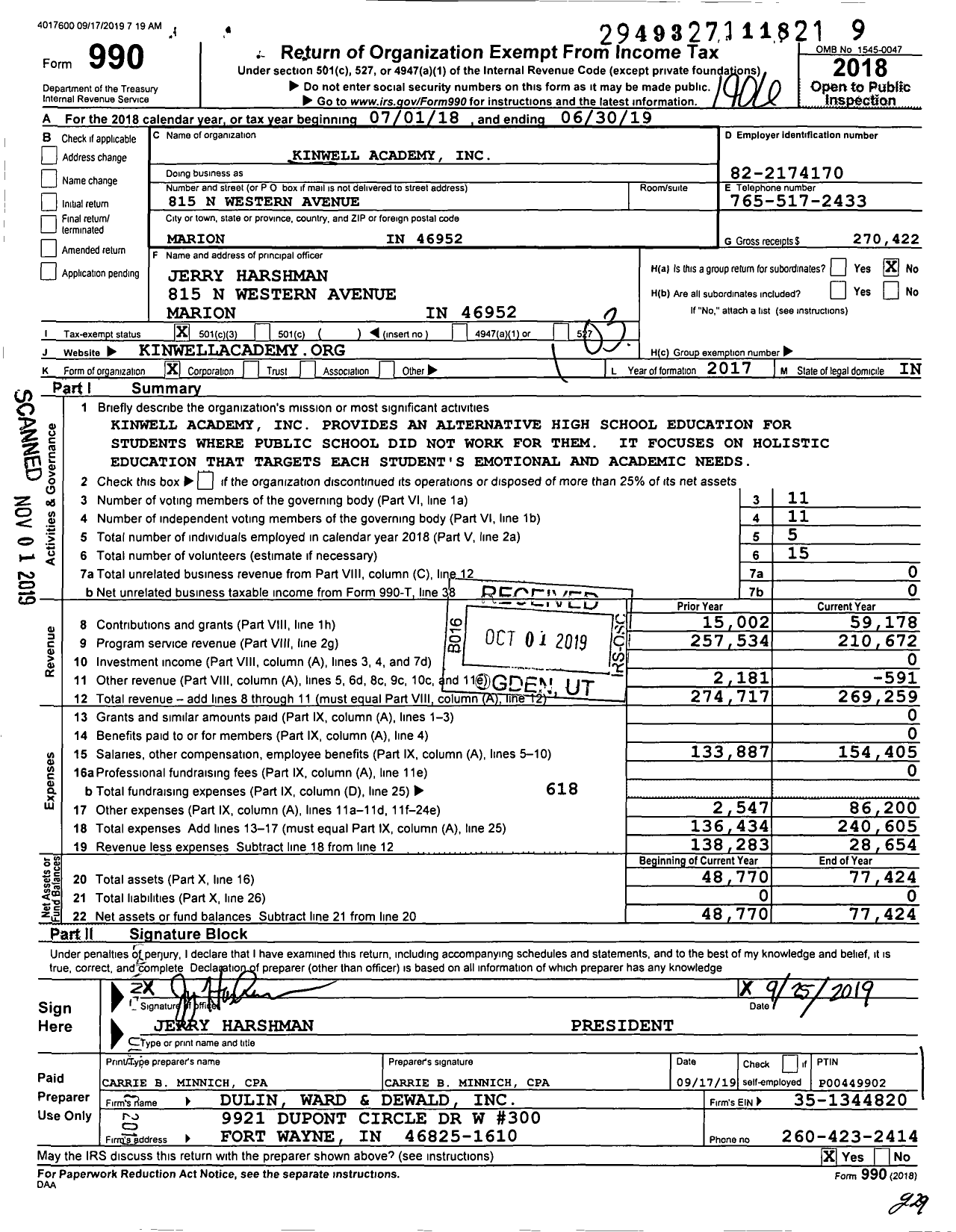 Image of first page of 2018 Form 990 for Kinwell Academy