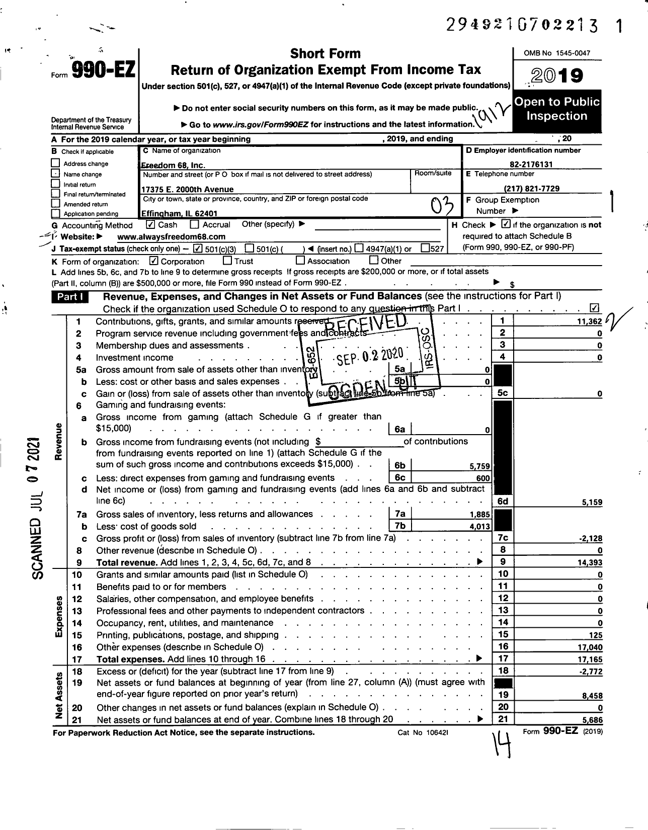 Image of first page of 2019 Form 990EZ for Freedom 68