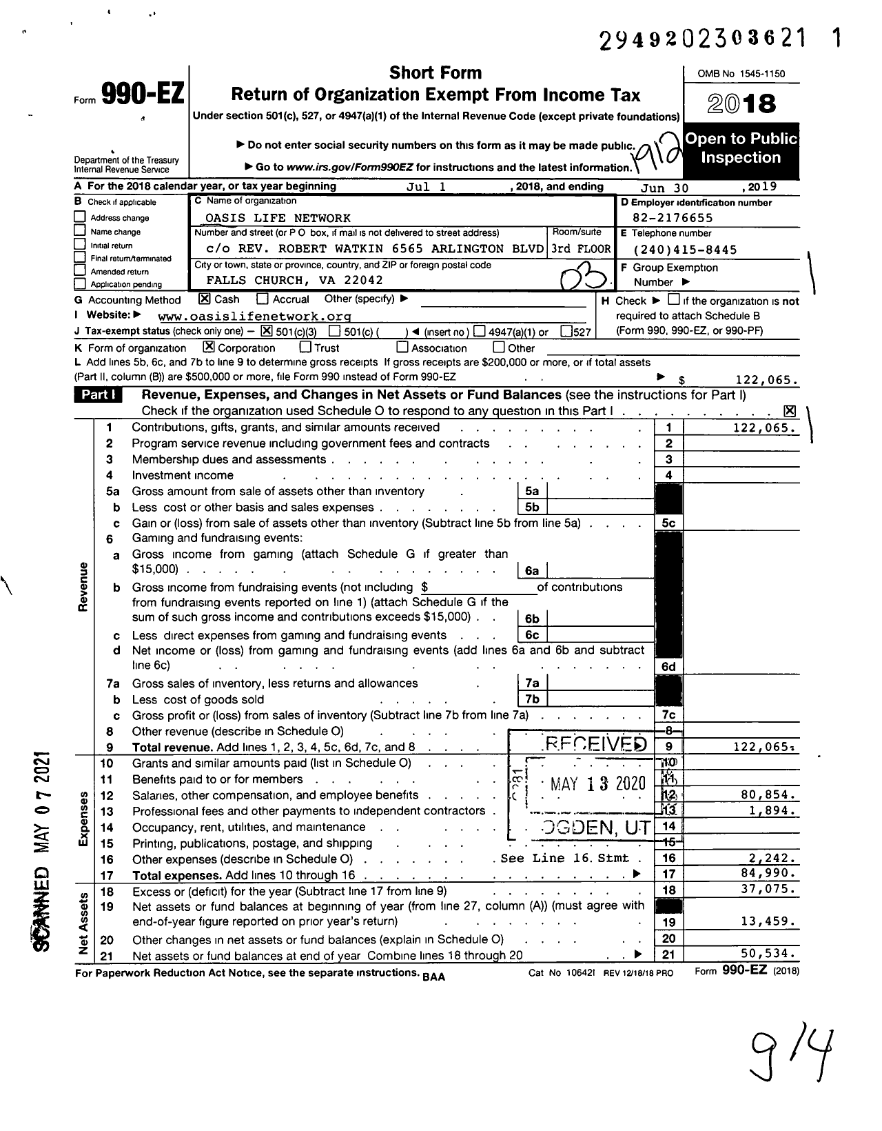 Image of first page of 2019 Form 990EZ for Oasis Life Network