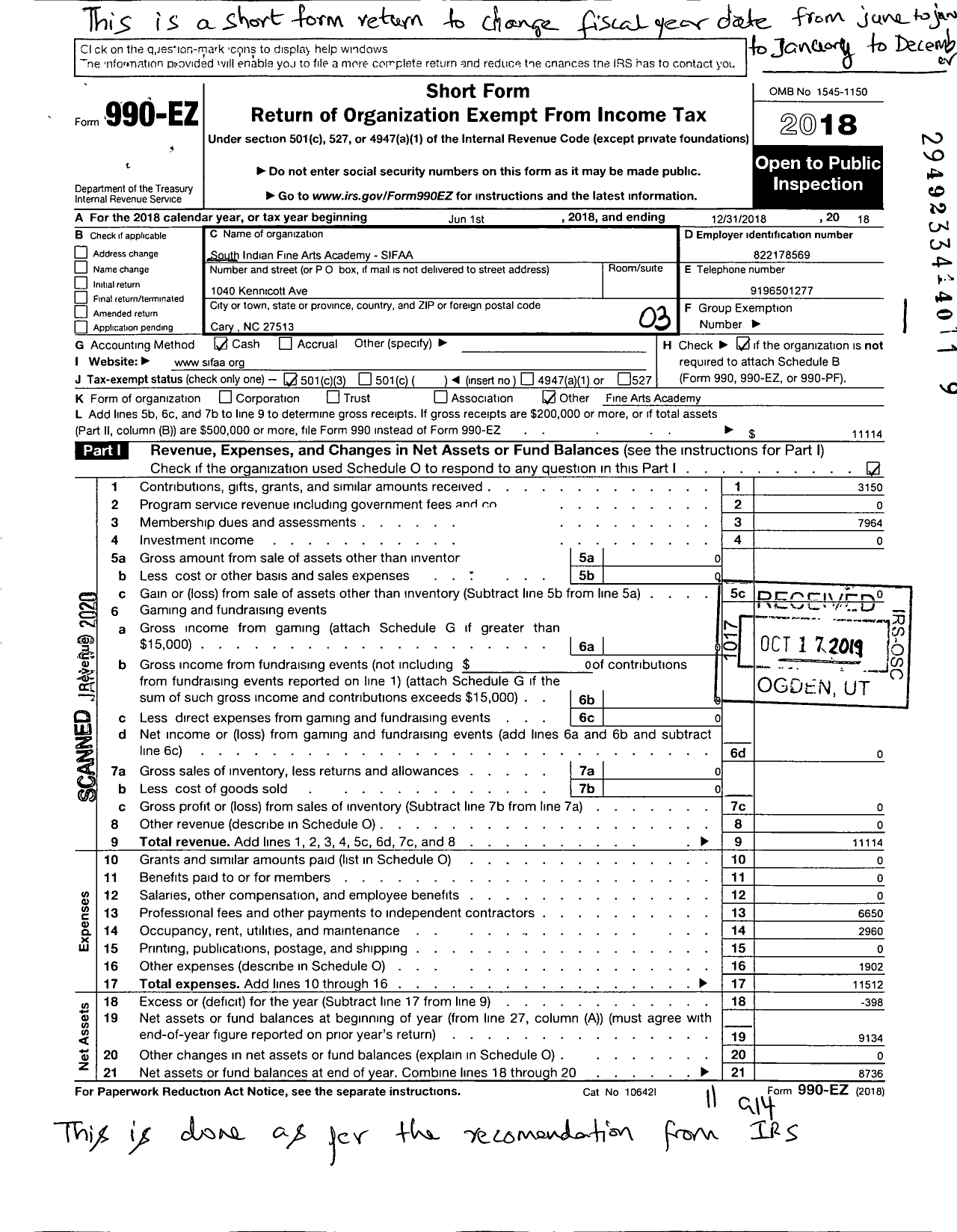 Image of first page of 2018 Form 990EZ for South Indian Fine Arts Academy (SIFAA)