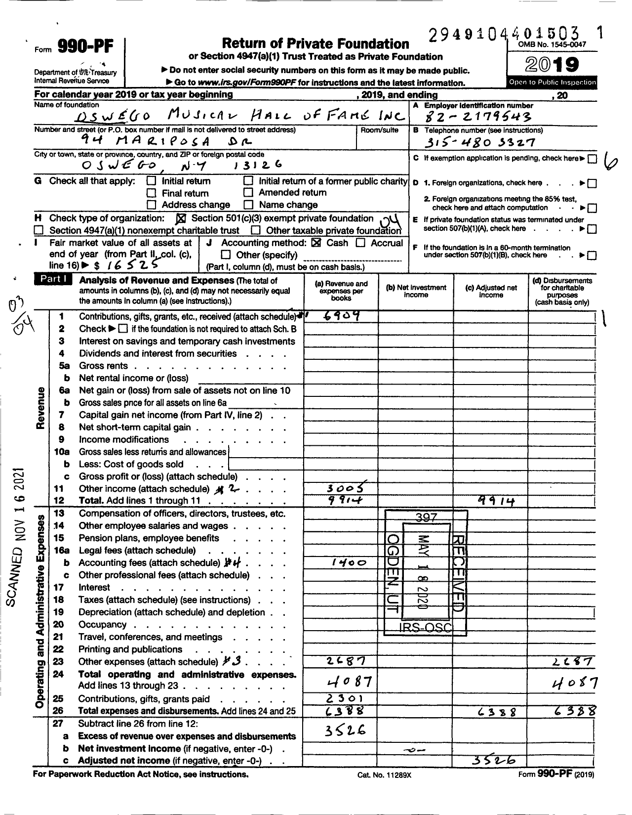 Image of first page of 2019 Form 990PF for Oswego Music Hall of Fame