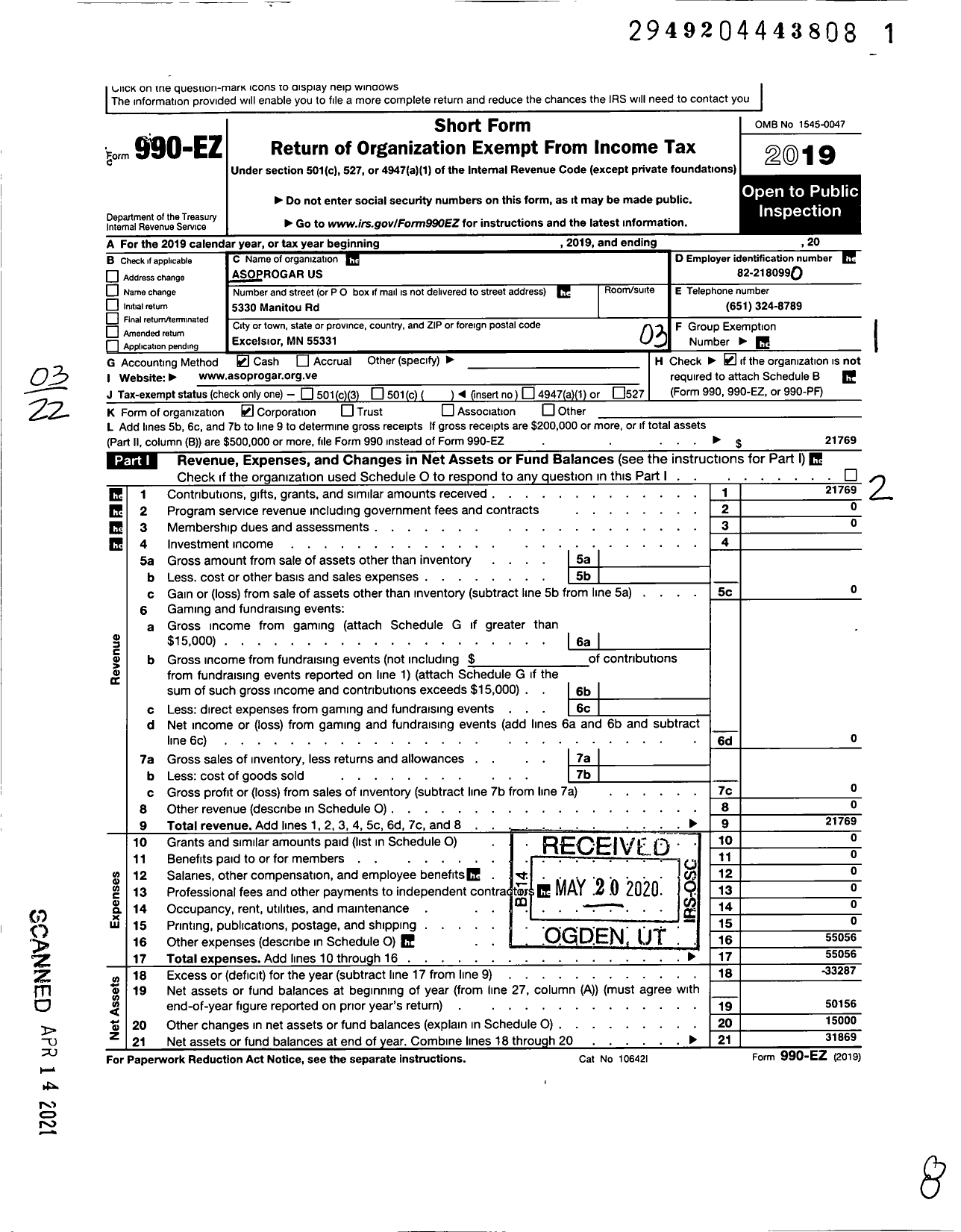 Image of first page of 2019 Form 990EZ for Asoprogar Us