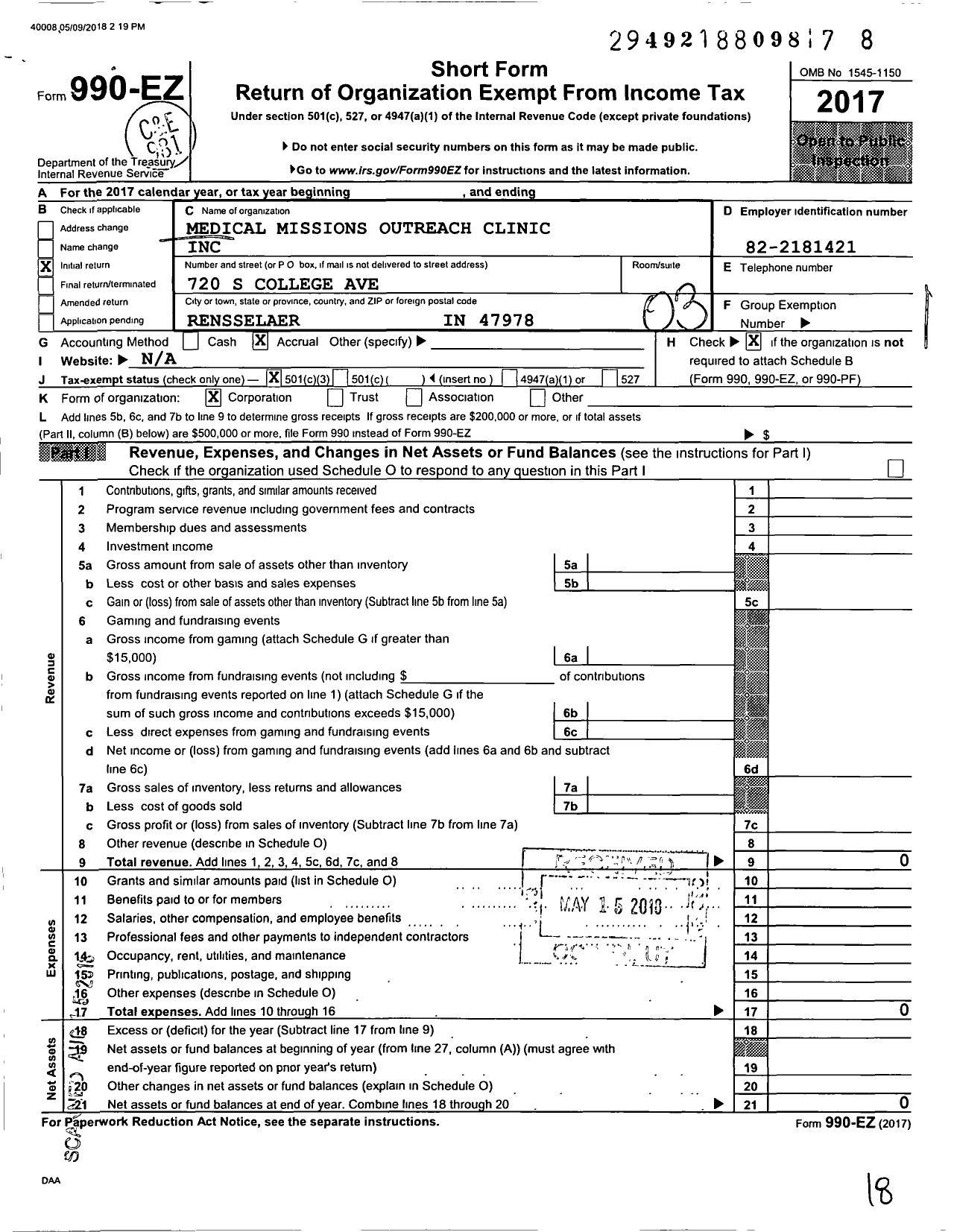 Image of first page of 2017 Form 990EZ for Medical Missions Outreach Clinic