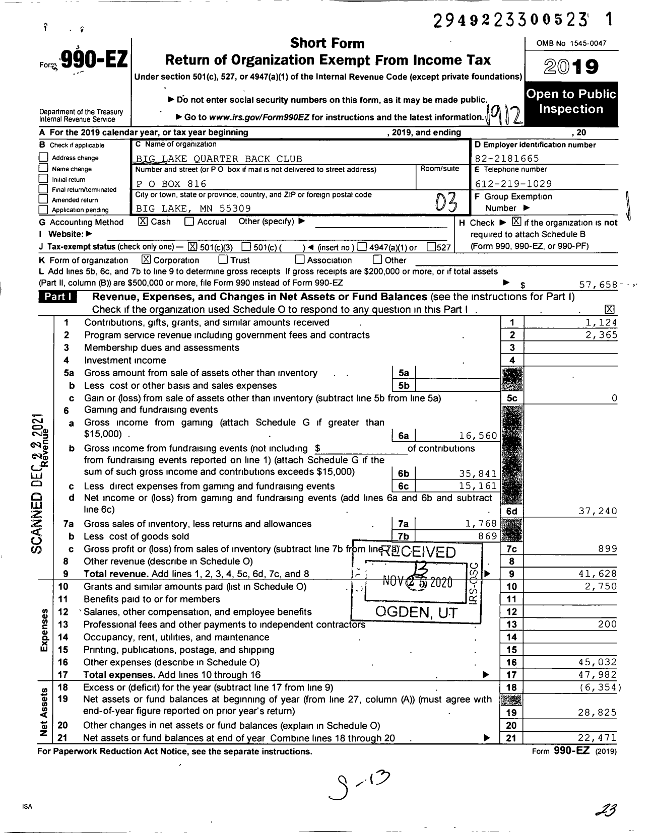 Image of first page of 2019 Form 990EZ for Big Lake Quarterback Club