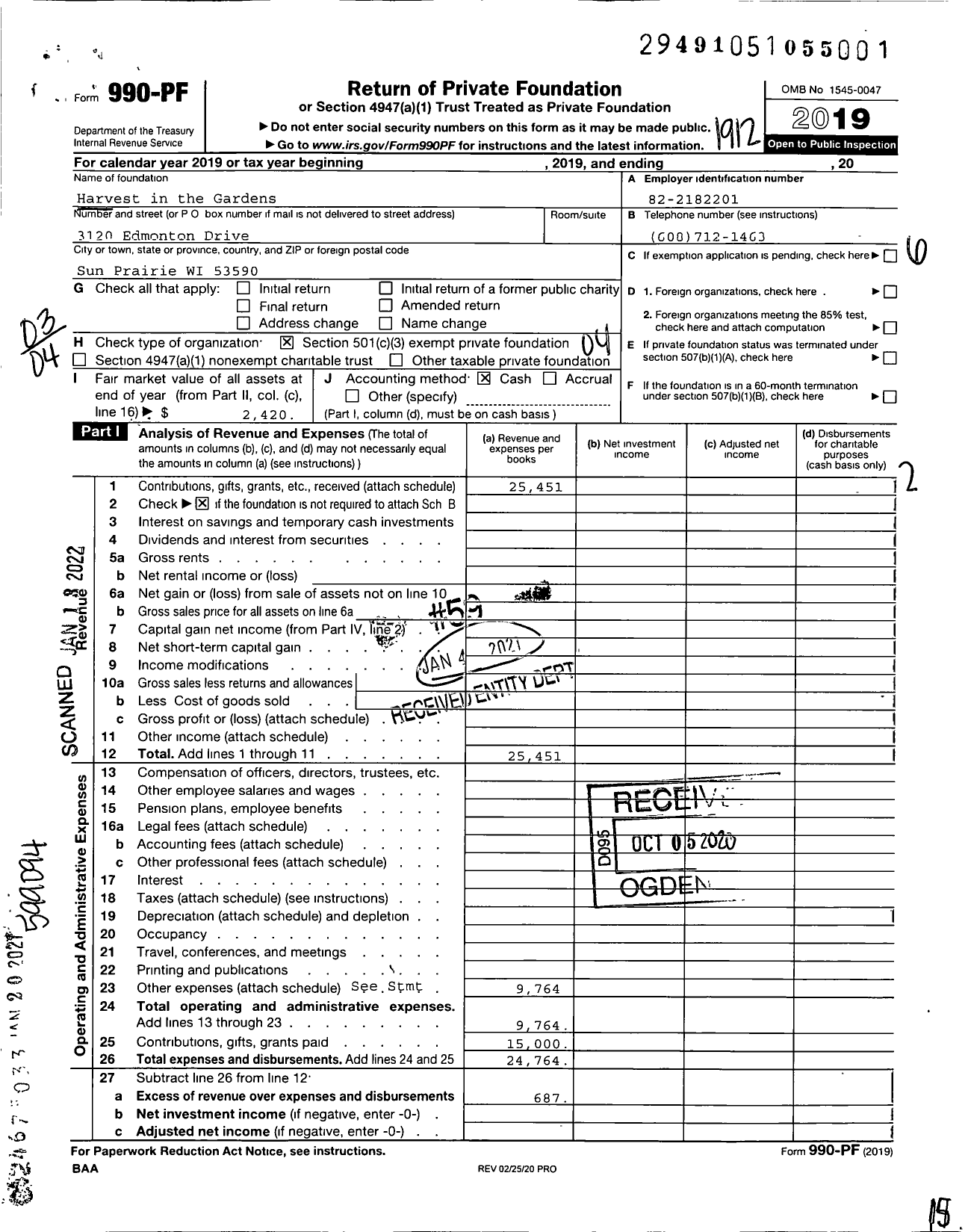 Image of first page of 2019 Form 990PF for Harvest in the Gardens