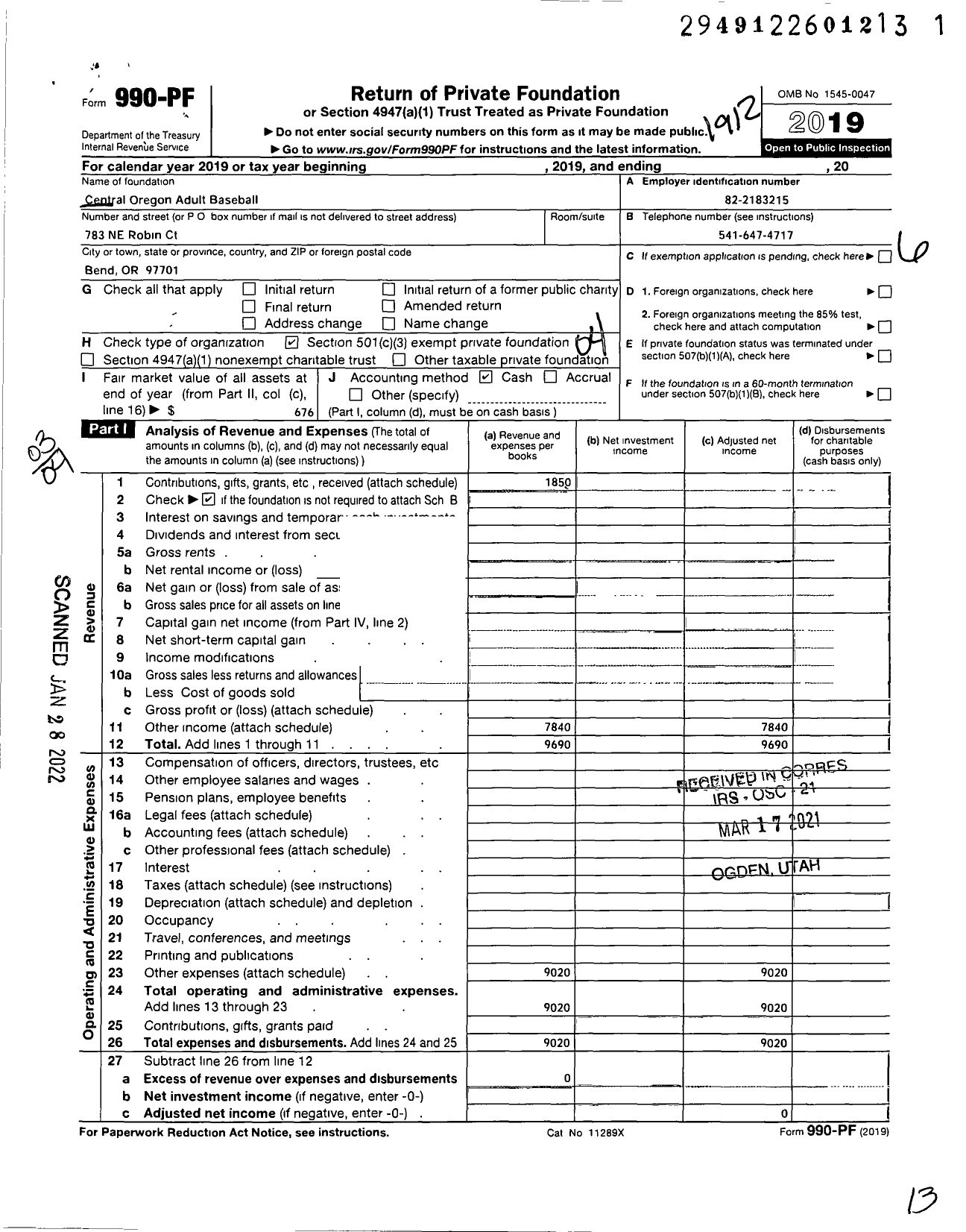 Image of first page of 2019 Form 990PF for Central Oregon Adult Baseball