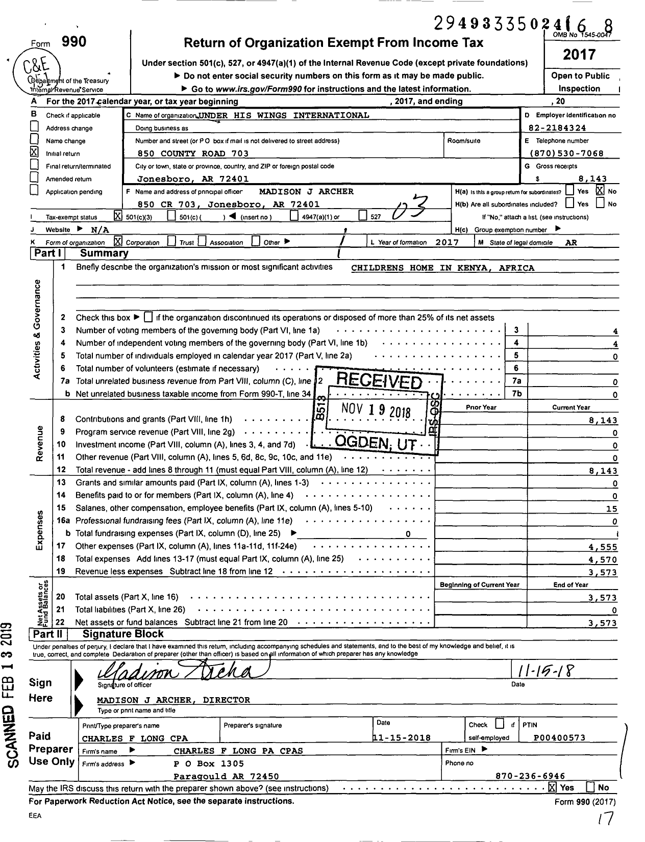 Image of first page of 2017 Form 990 for Under His Wings International