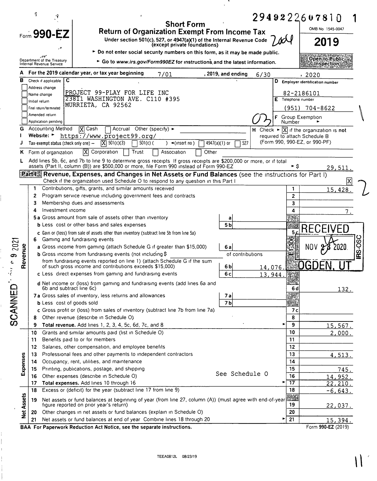 Image of first page of 2019 Form 990EZ for Project 99-play for Life